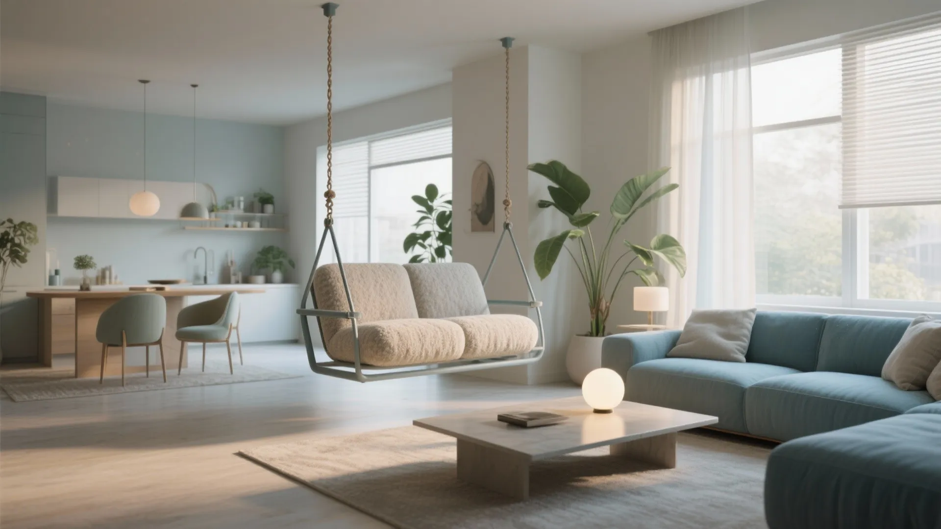 Modern open living room with hanging swing sofa blue couch green plants and bright natural light