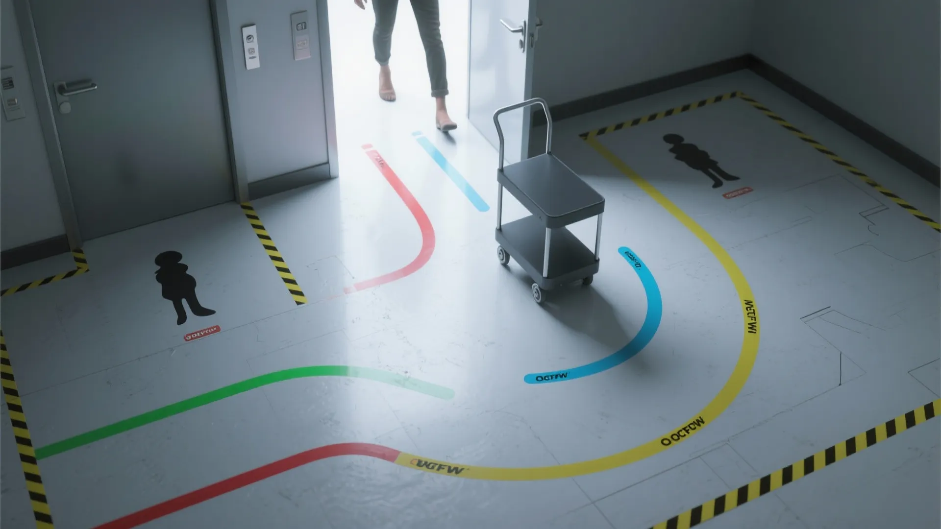 Top-down view of tape marking door swing arcs and a service cart path for layout testing.