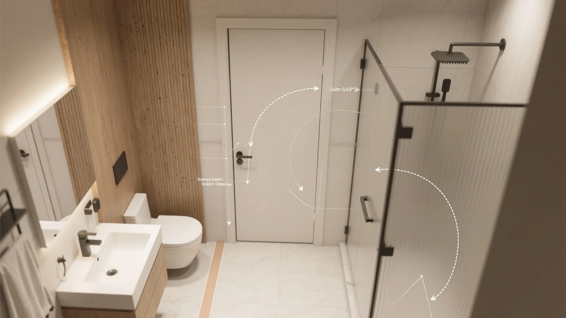 Top view diagram showing door swing paths in a small bathroom with shower and toilet