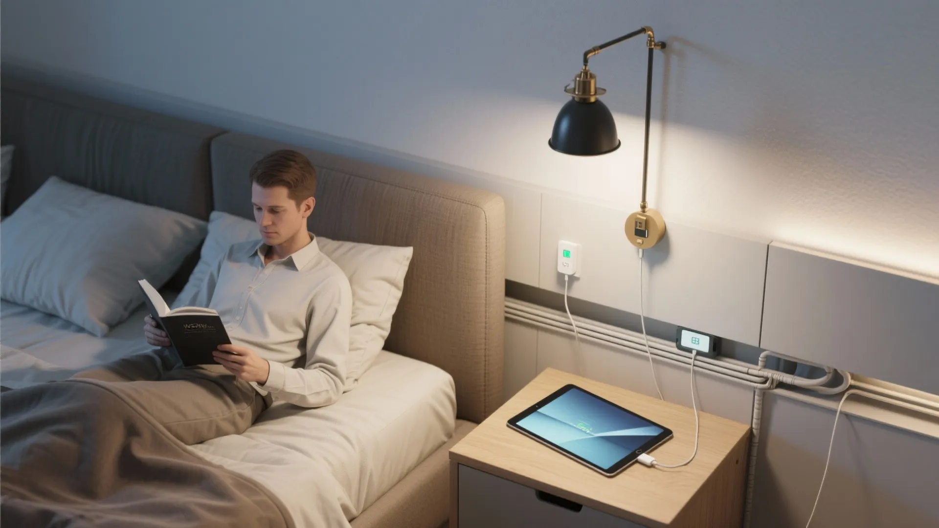 Man reading book in bed with wall light above and tablet charging on wooden nightstand