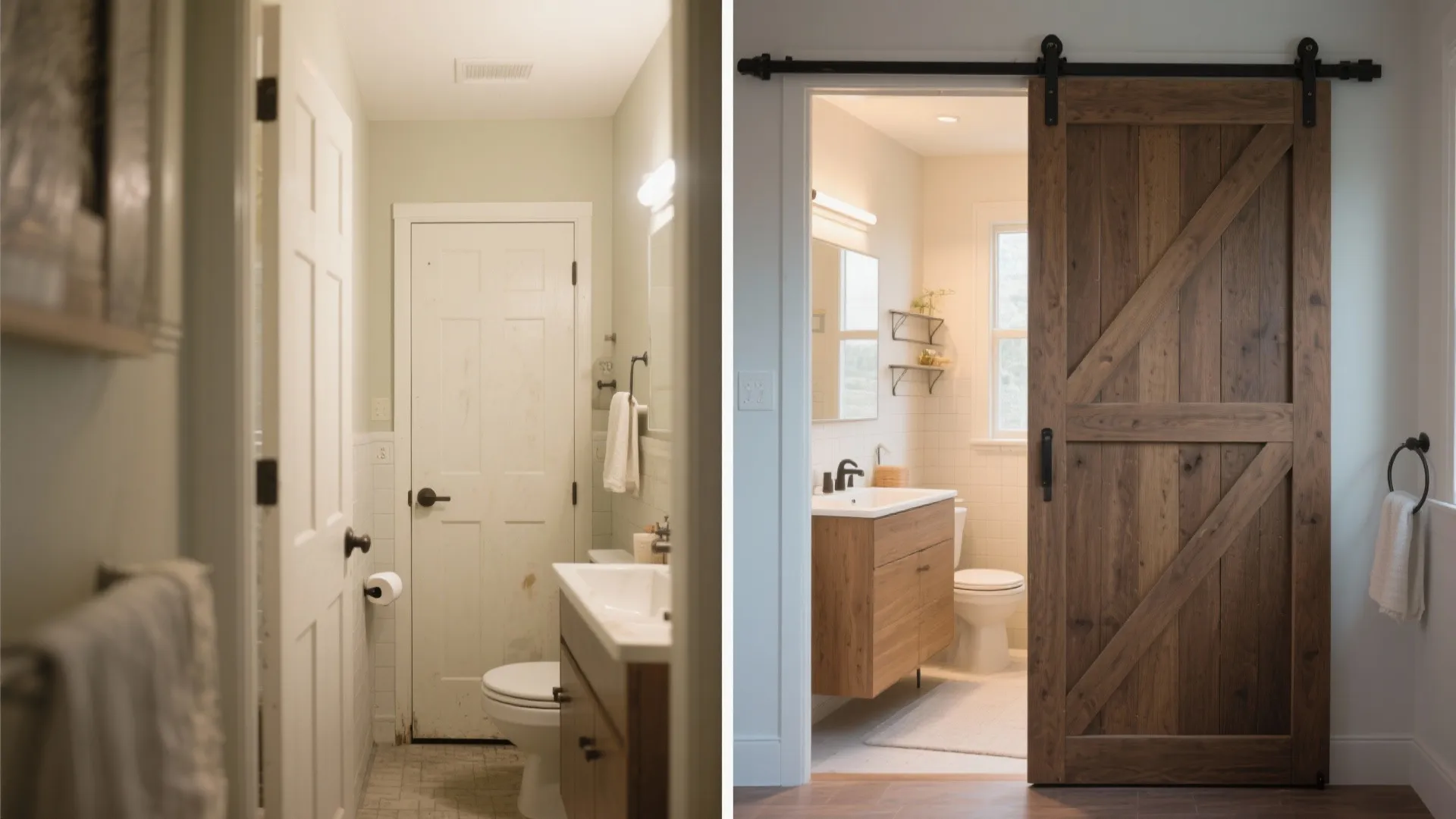 Before and after comparison of old white bathroom door versus new wooden sliding barn door design