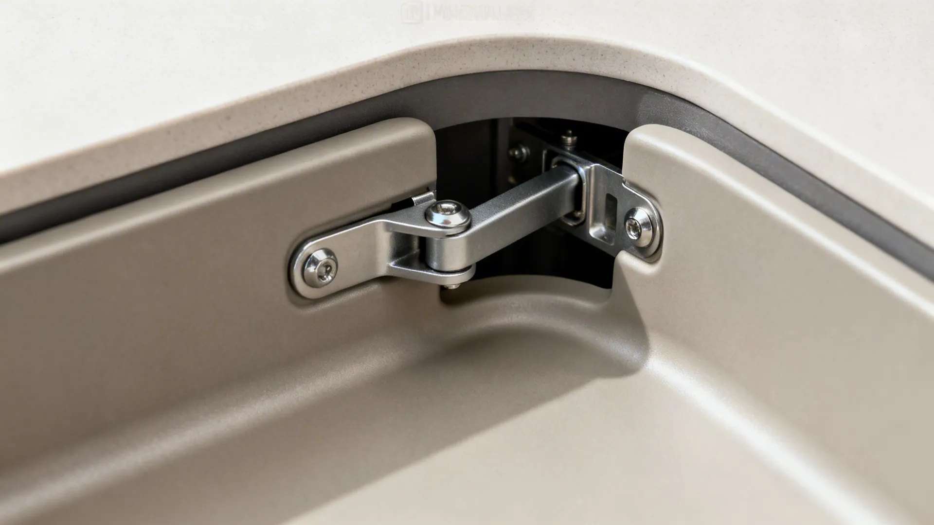 Close up of a metal hinge inside a grey kitchen cabinet showing the corner joint