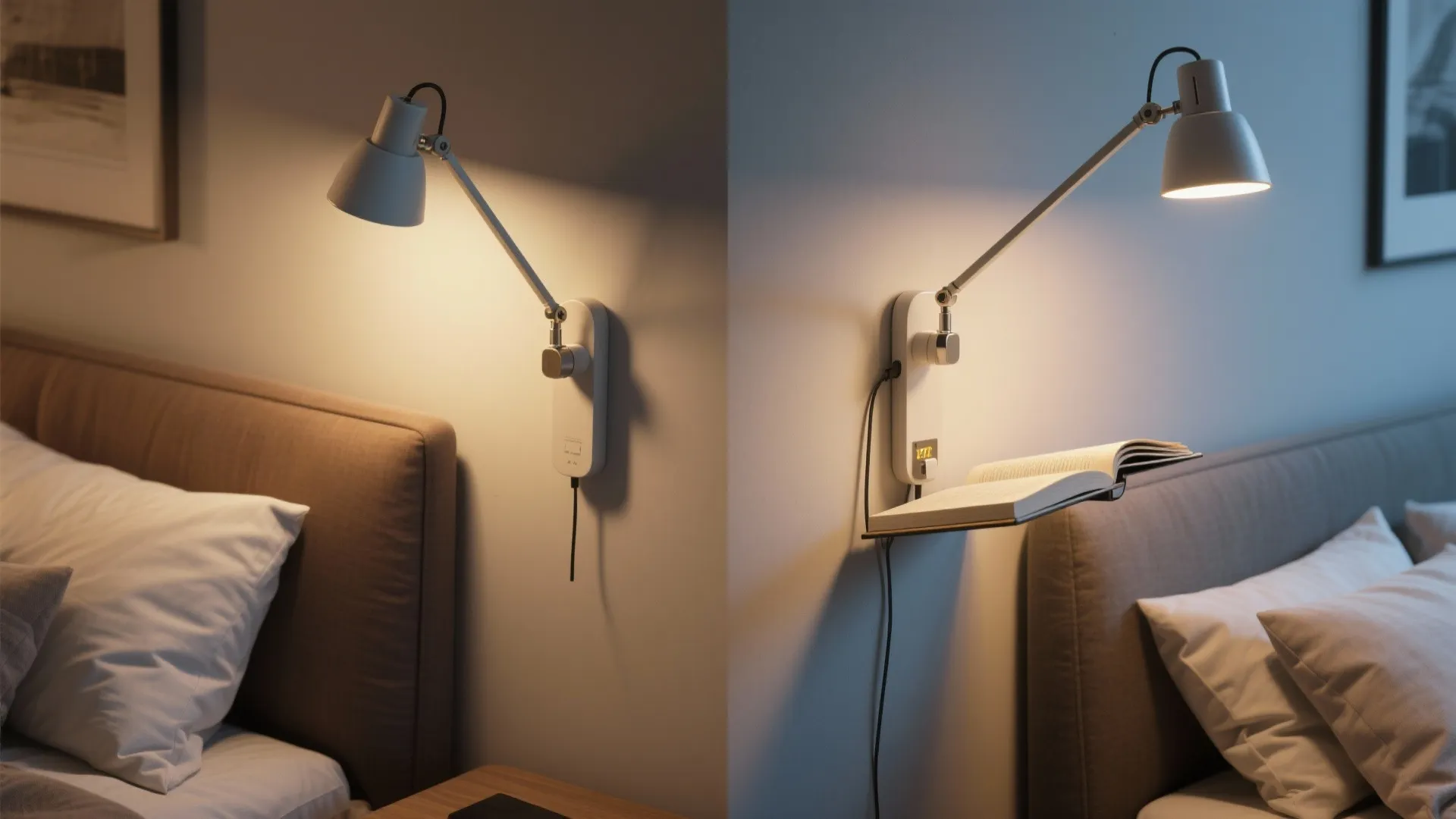 Two images showing a white wall light with an adjustable arm over a bedroom bed