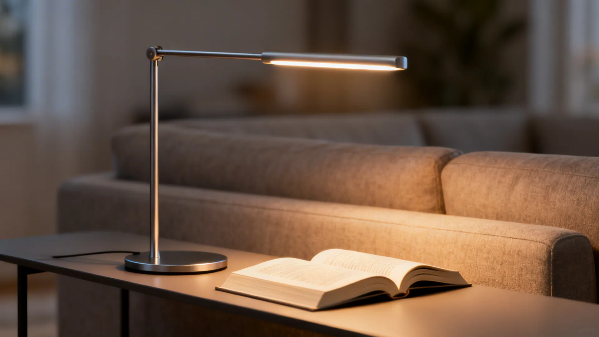 Slim swing-arm table lamp extended over an open book on a narrow side table