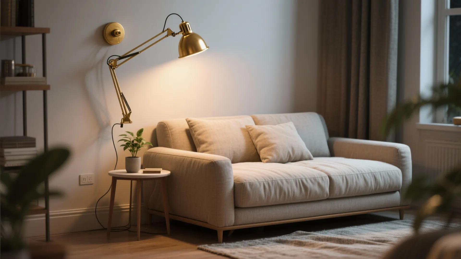 Modern living room featuring a beige sofa with gold wall light and small side table