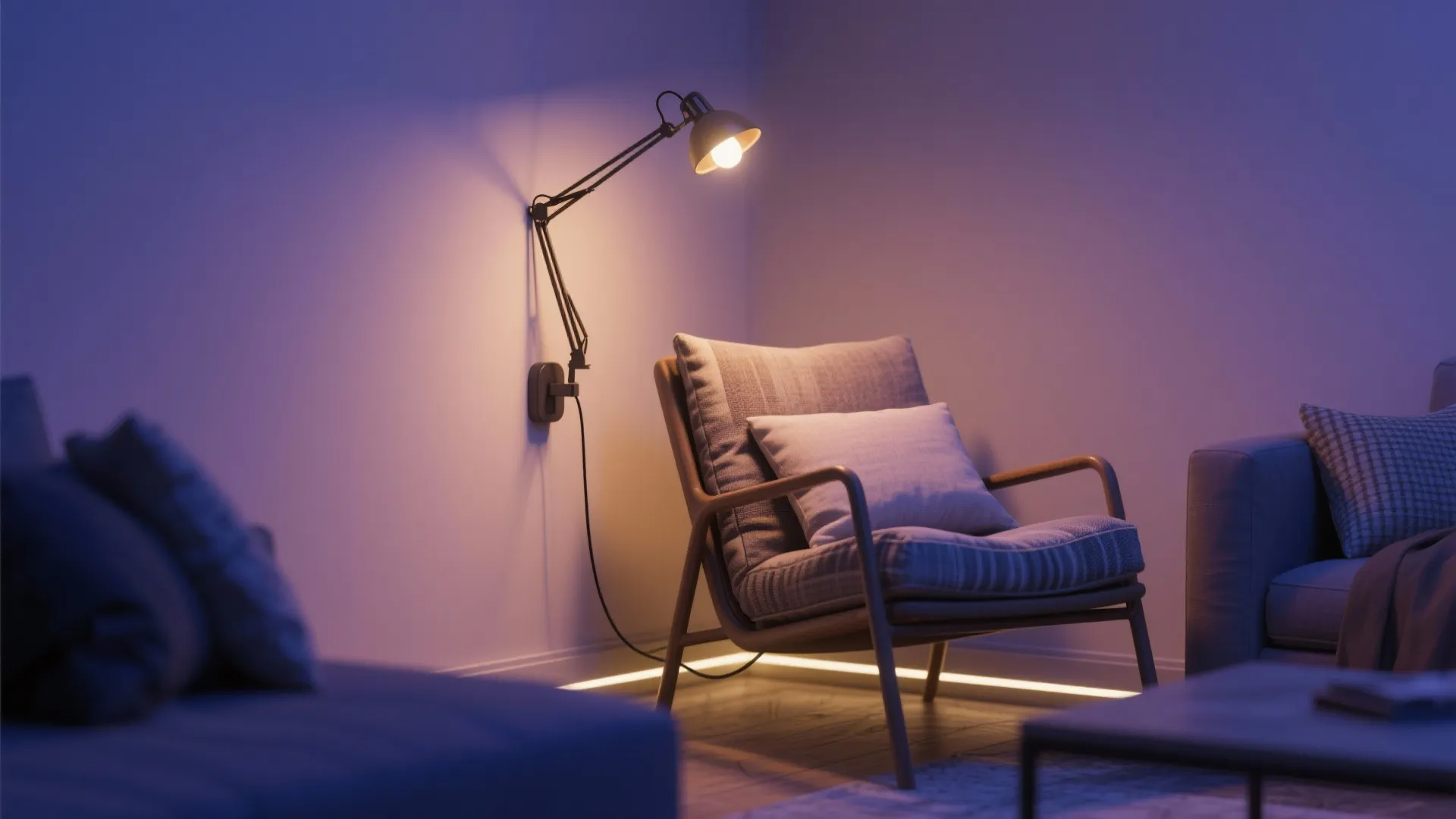 Living room corner with swinging arm plug-in reading lamp and hidden cord channel