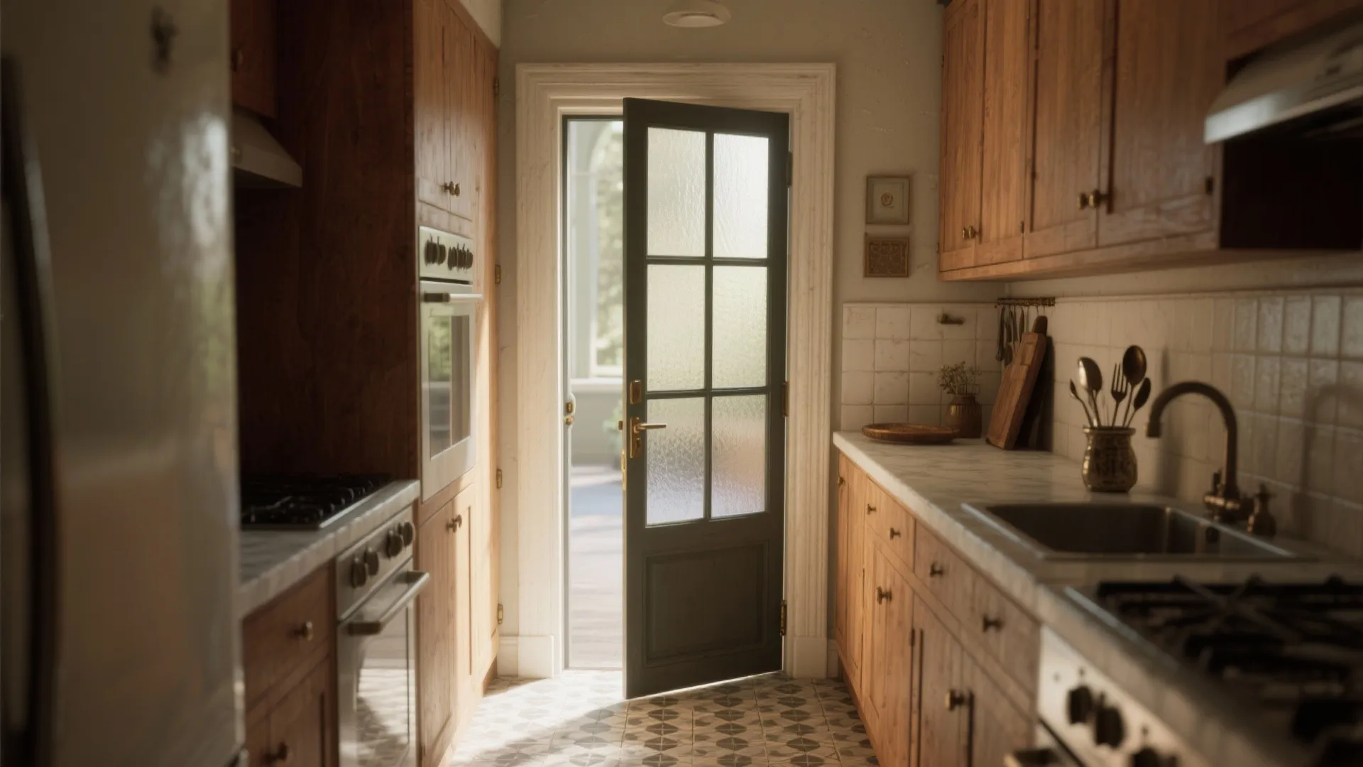 Narrow kitchen with wood cabinets and a glass panel door opening to a sunny balcony
