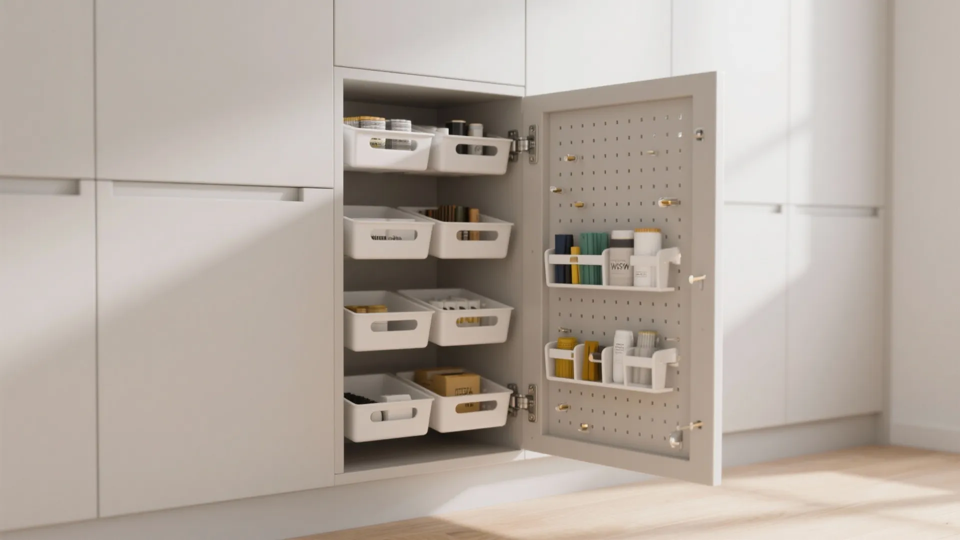 Open white kitchen cabinet featuring organized pull out storage bins and a pegboard door rack