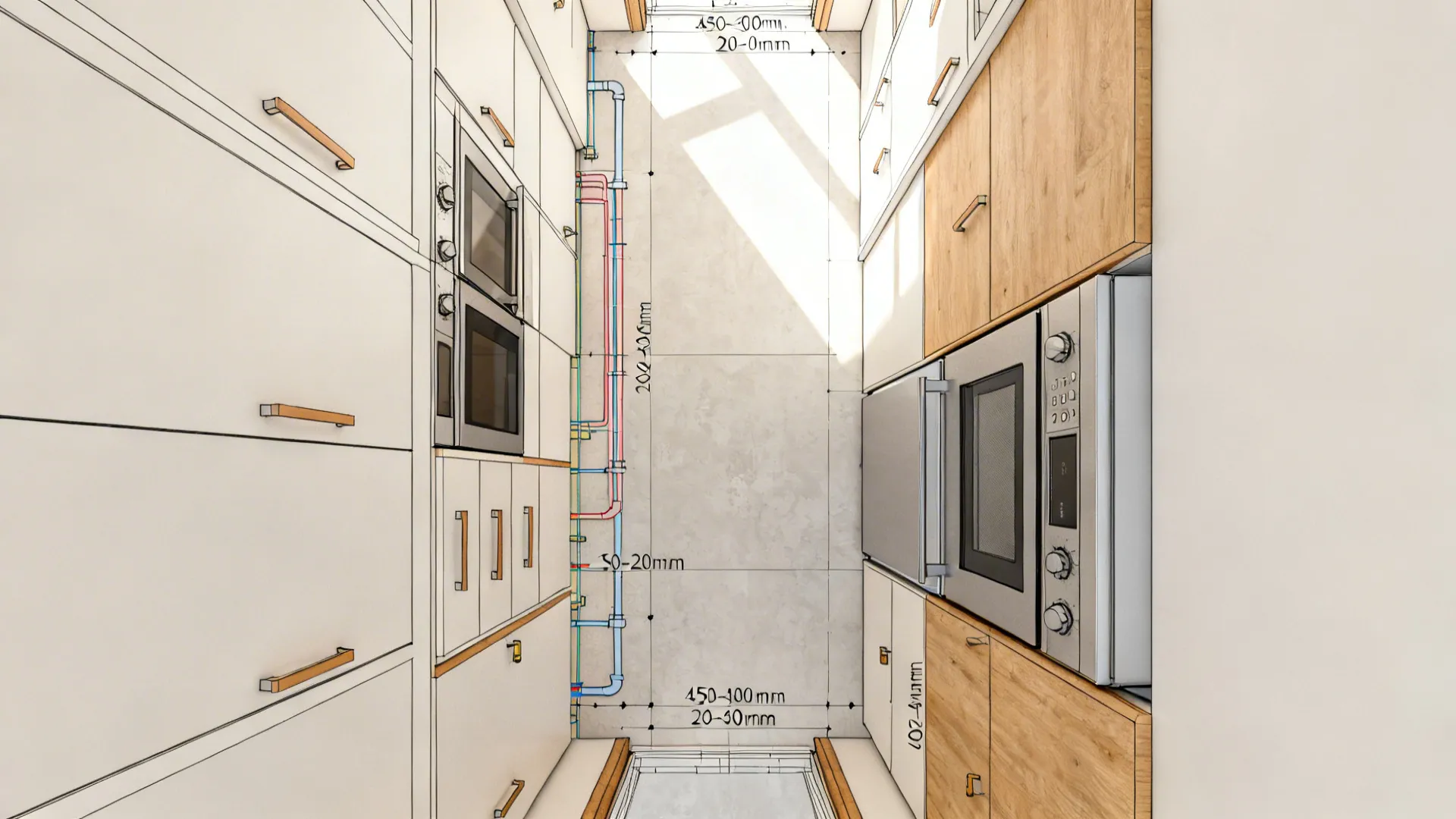 2D top-down layout detailing door swings, drawer extensions, sliding overlaps, and service lines with a rear void.