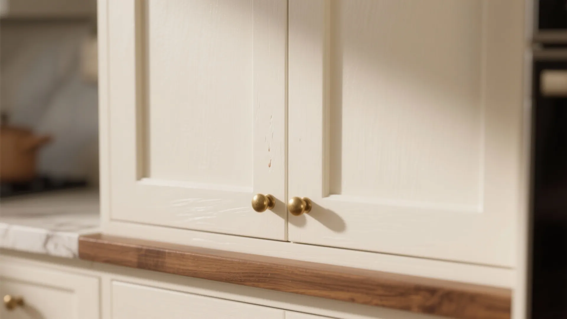 Semi-gloss Swiss Coffee cabinet door with brass pull and walnut countertop edge.