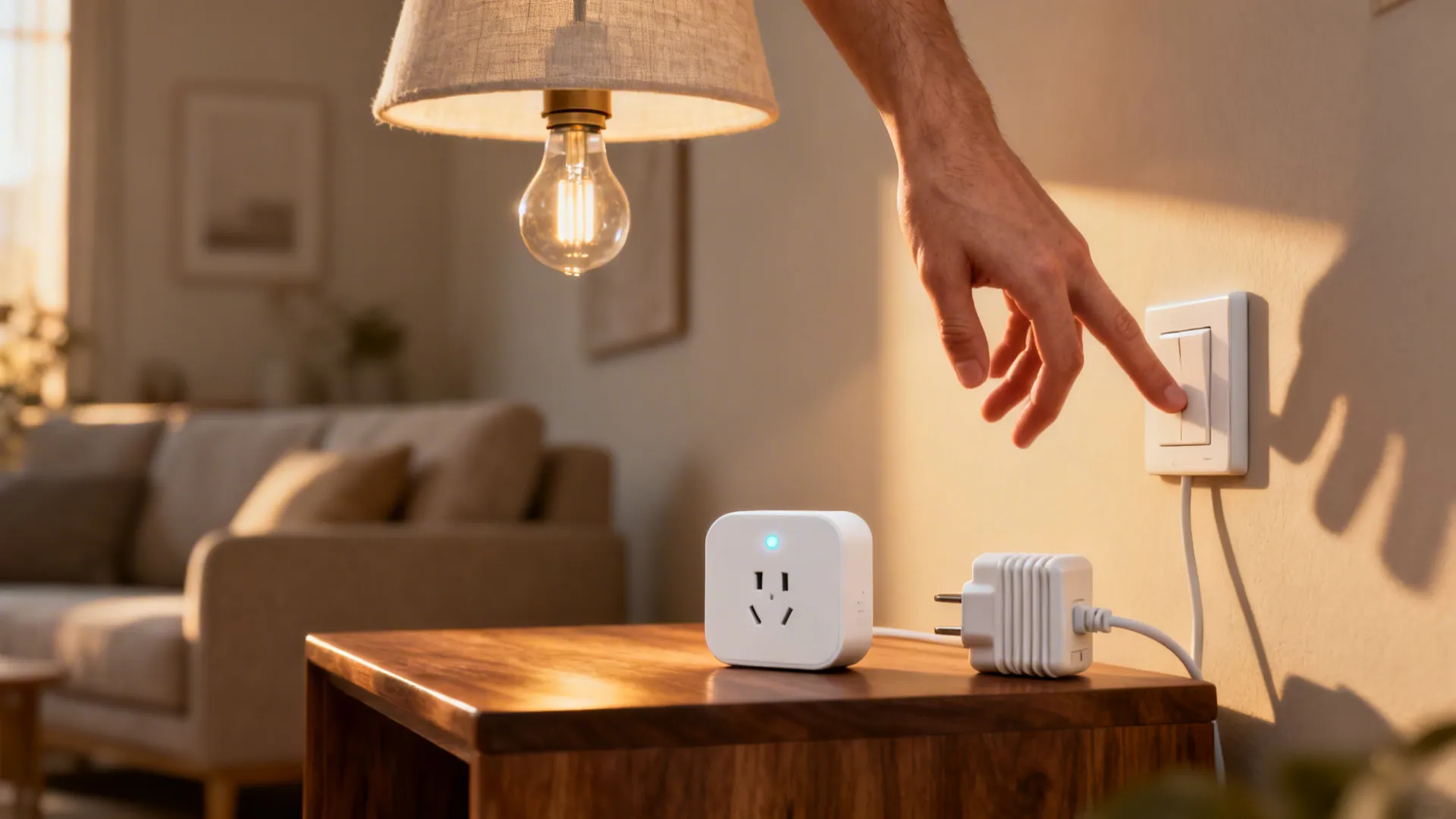 Plug-in pendant controlled by a wall switch adapter and smart plug in a modern living room.