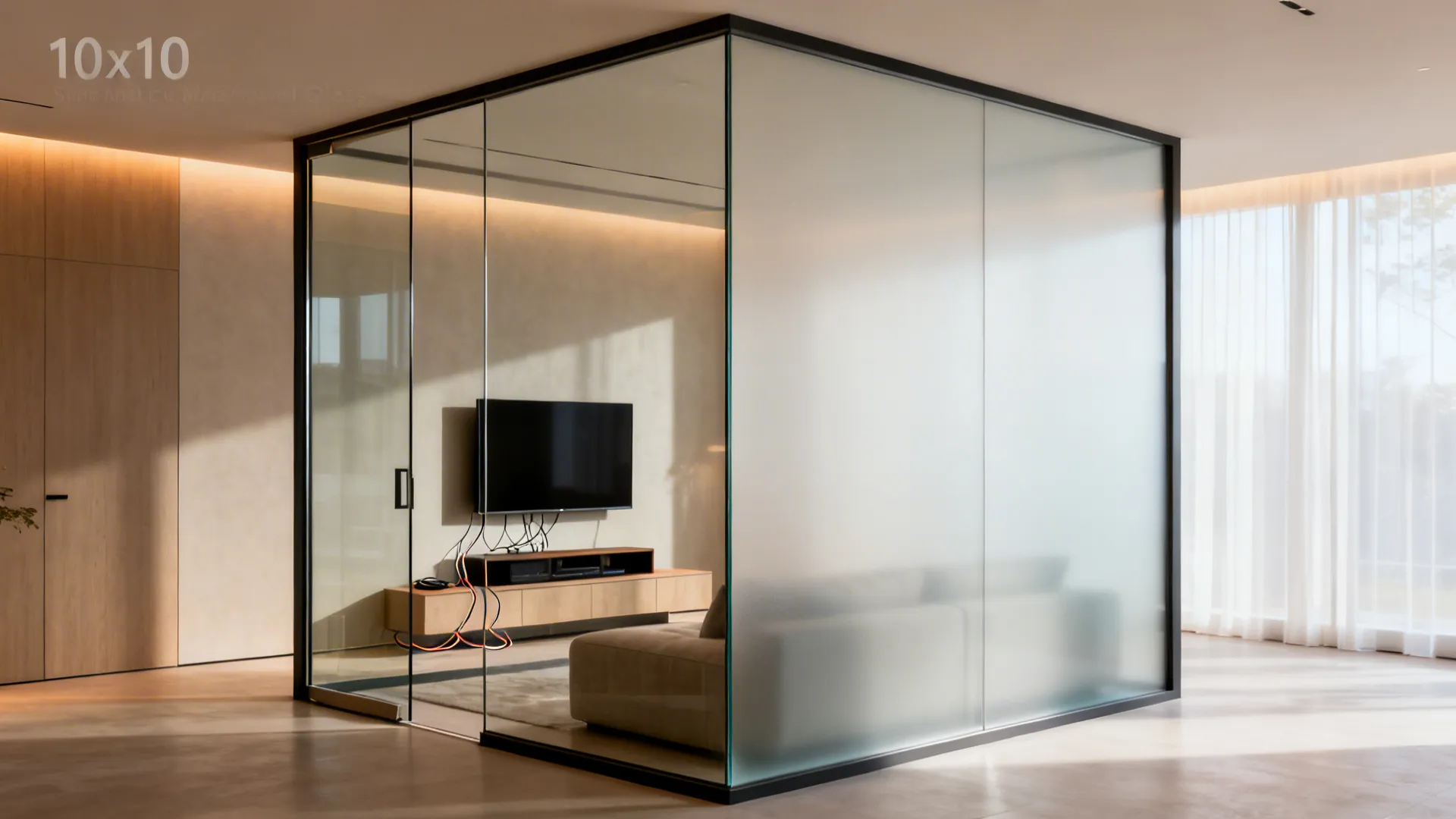 Switchable smart glass in a 10x10 room shown transparent on one side and opaque frosted on the other.