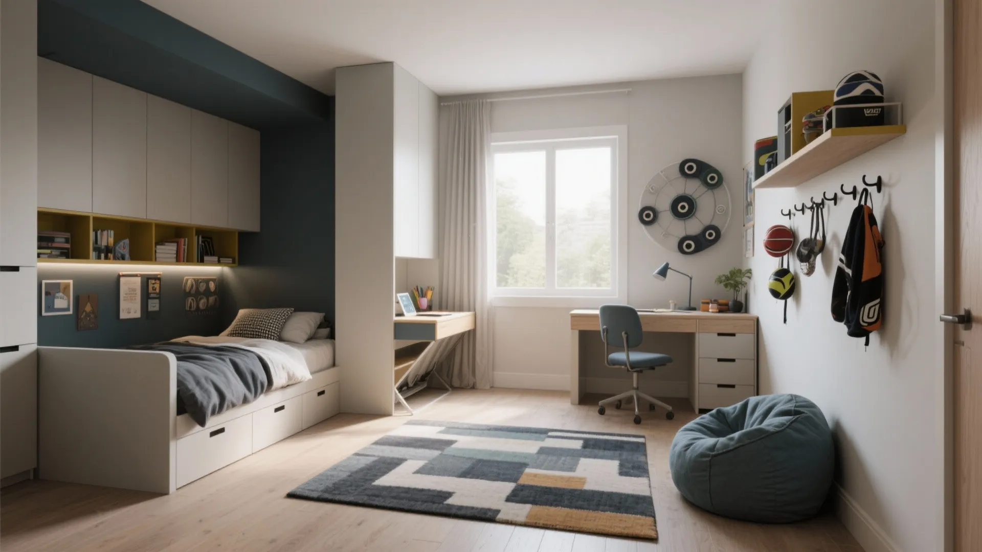 Tween bedroom showing distinct sleep, study and chill zones with flexible furniture and a movable rug.