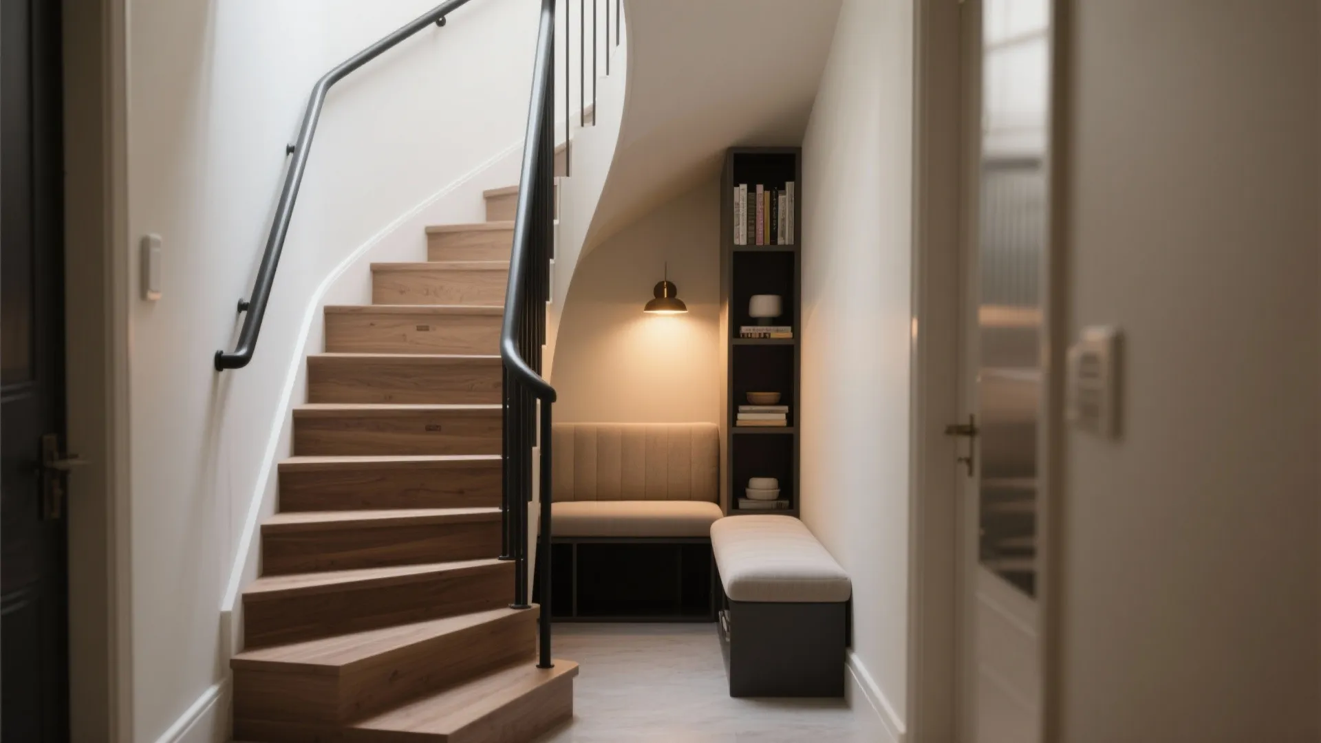 Compact Switchback Stairs with Mid-Landing Seating