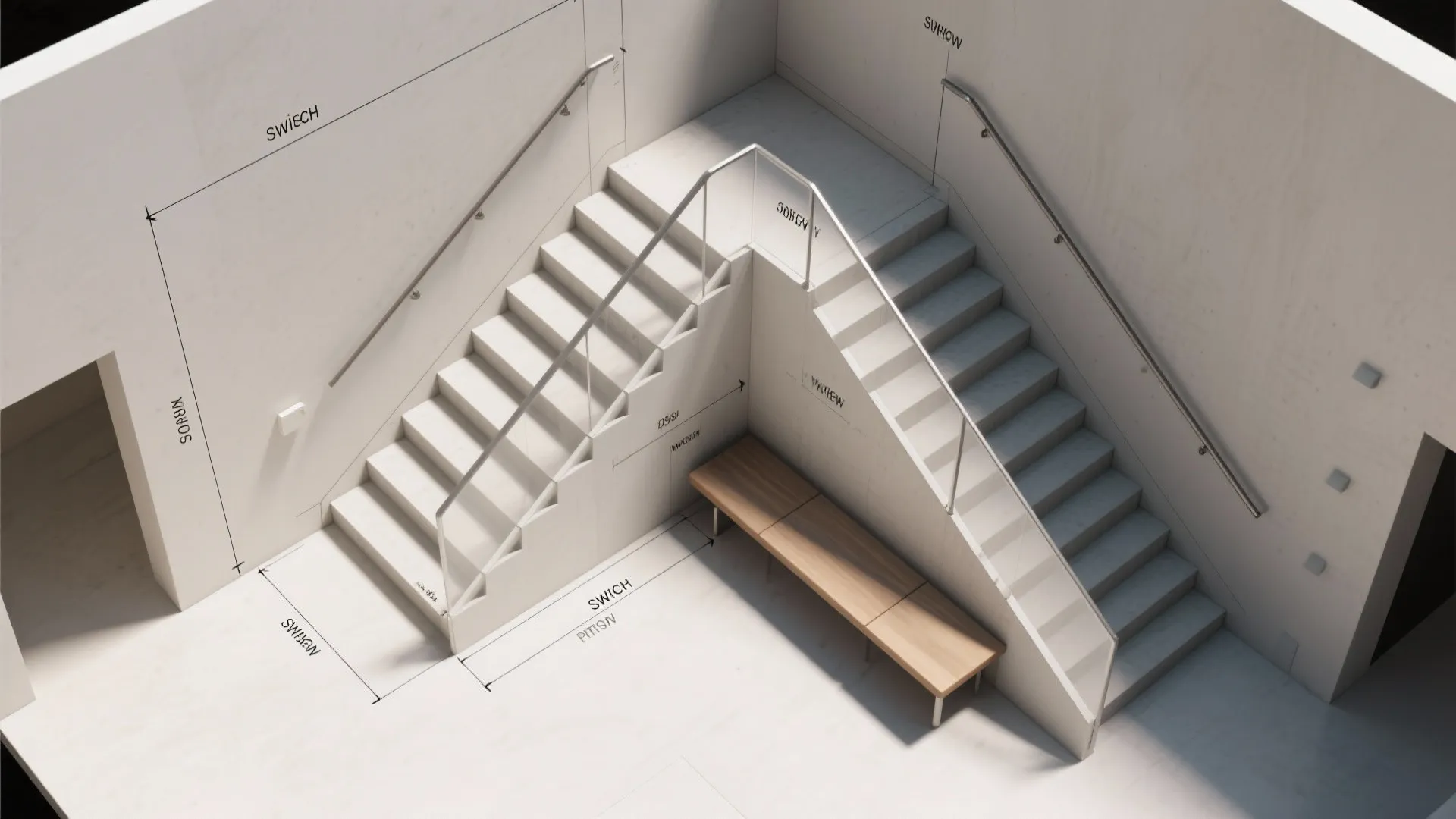 Compact Switchback Stairs with Mid-Landing Seating