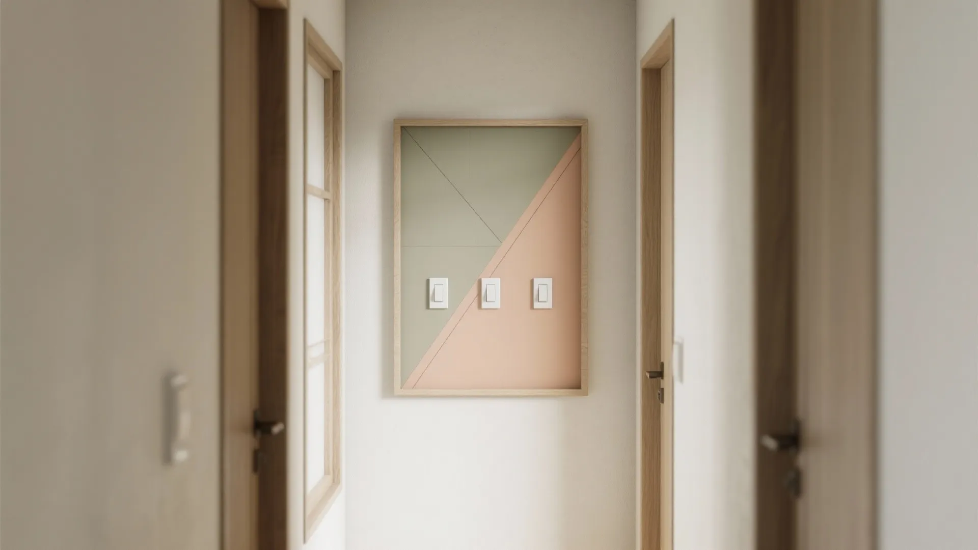 Minimalist hallway featuring three white light switches mounted on a decorative pastel green pink panel