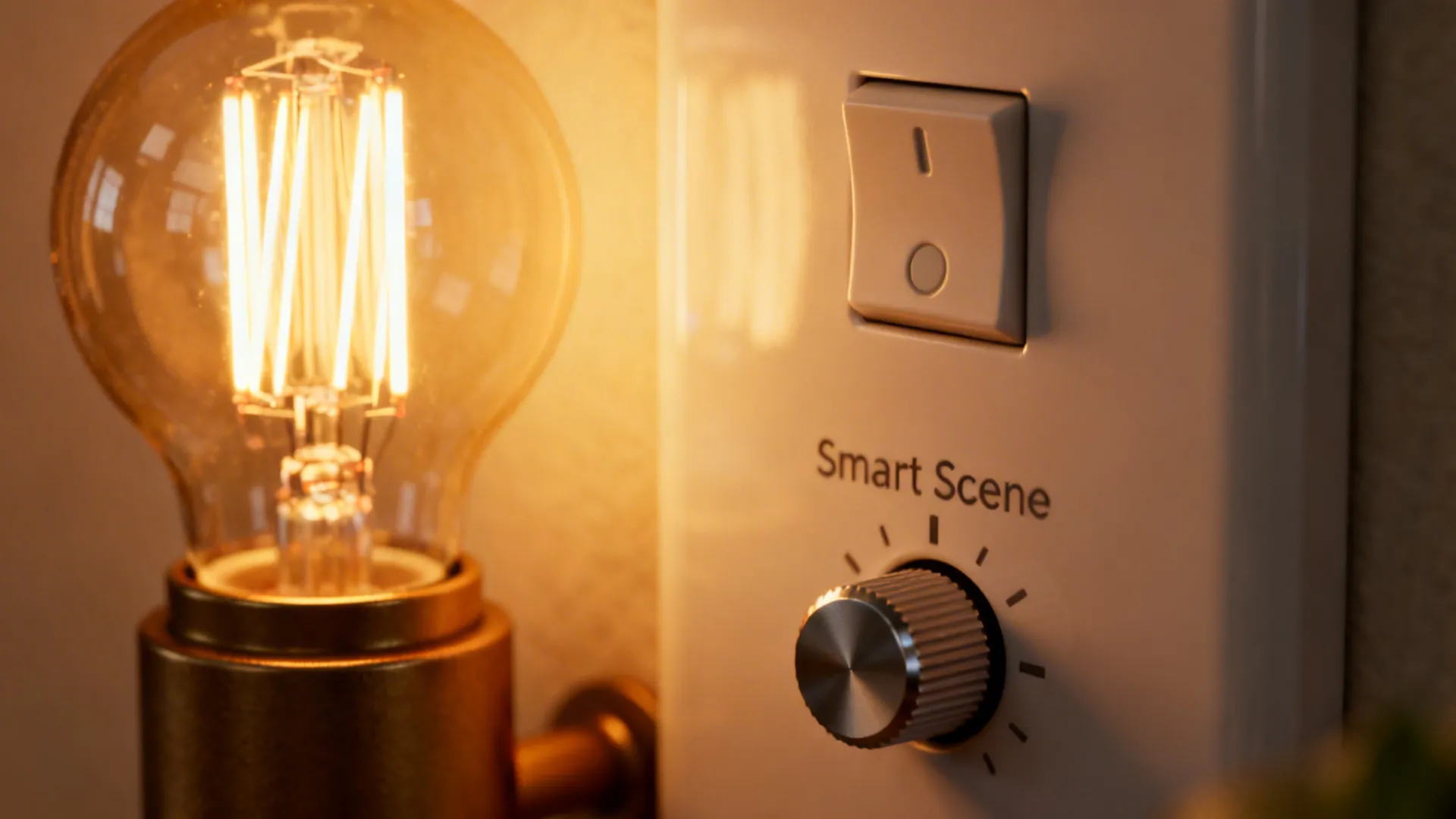Glowing vintage light bulb next to a white wall panel with a switch and round dimmer