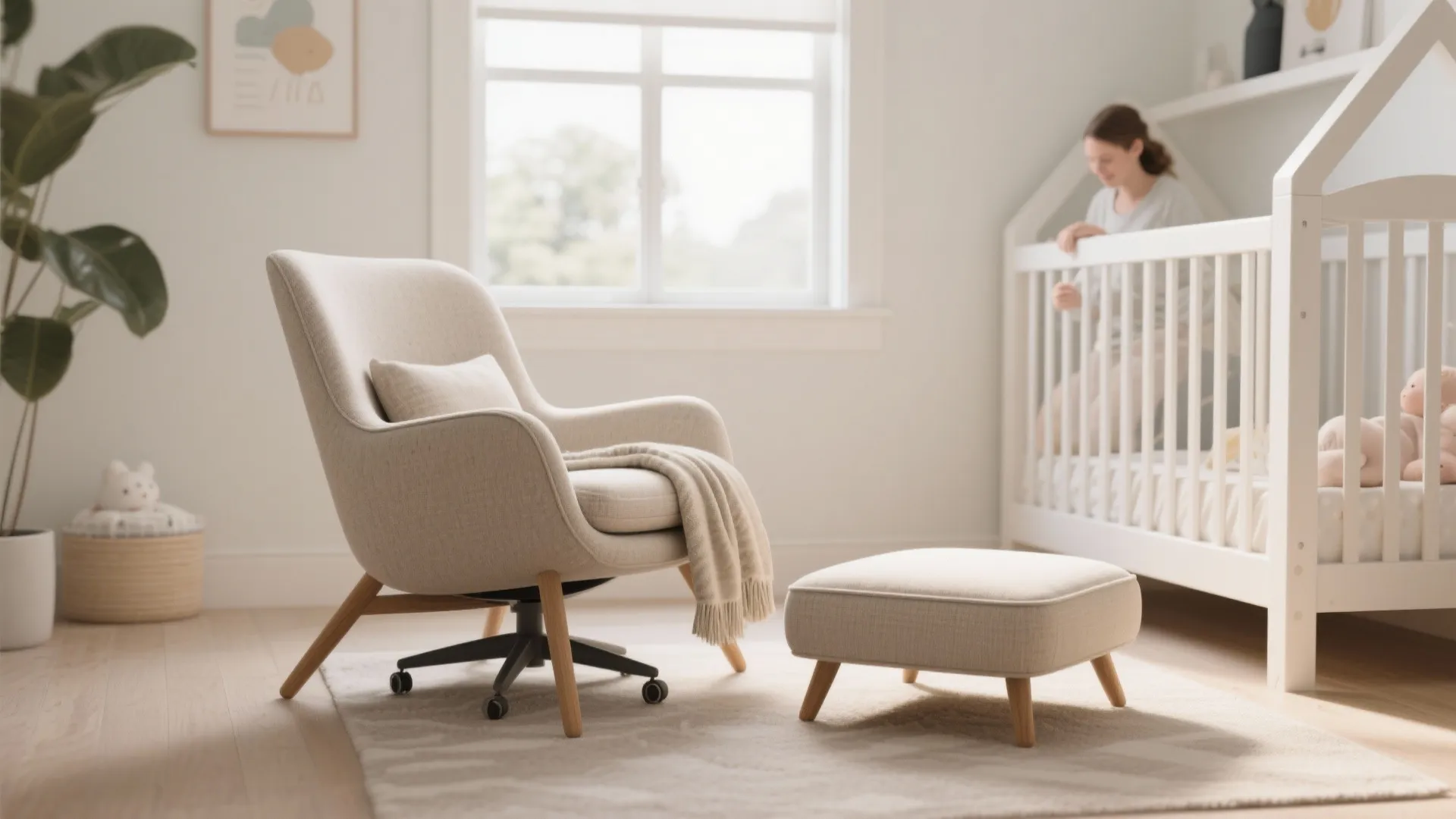 Comfortable beige chair with wheels and matching footrest placed on a rug in a nursery