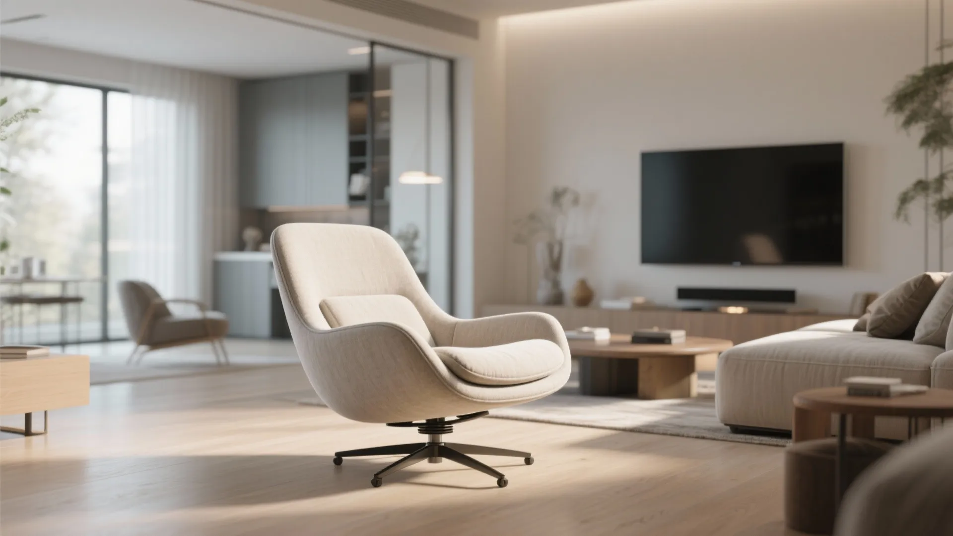 Modern cream swivel chair in a bright open living room with a television and sofa