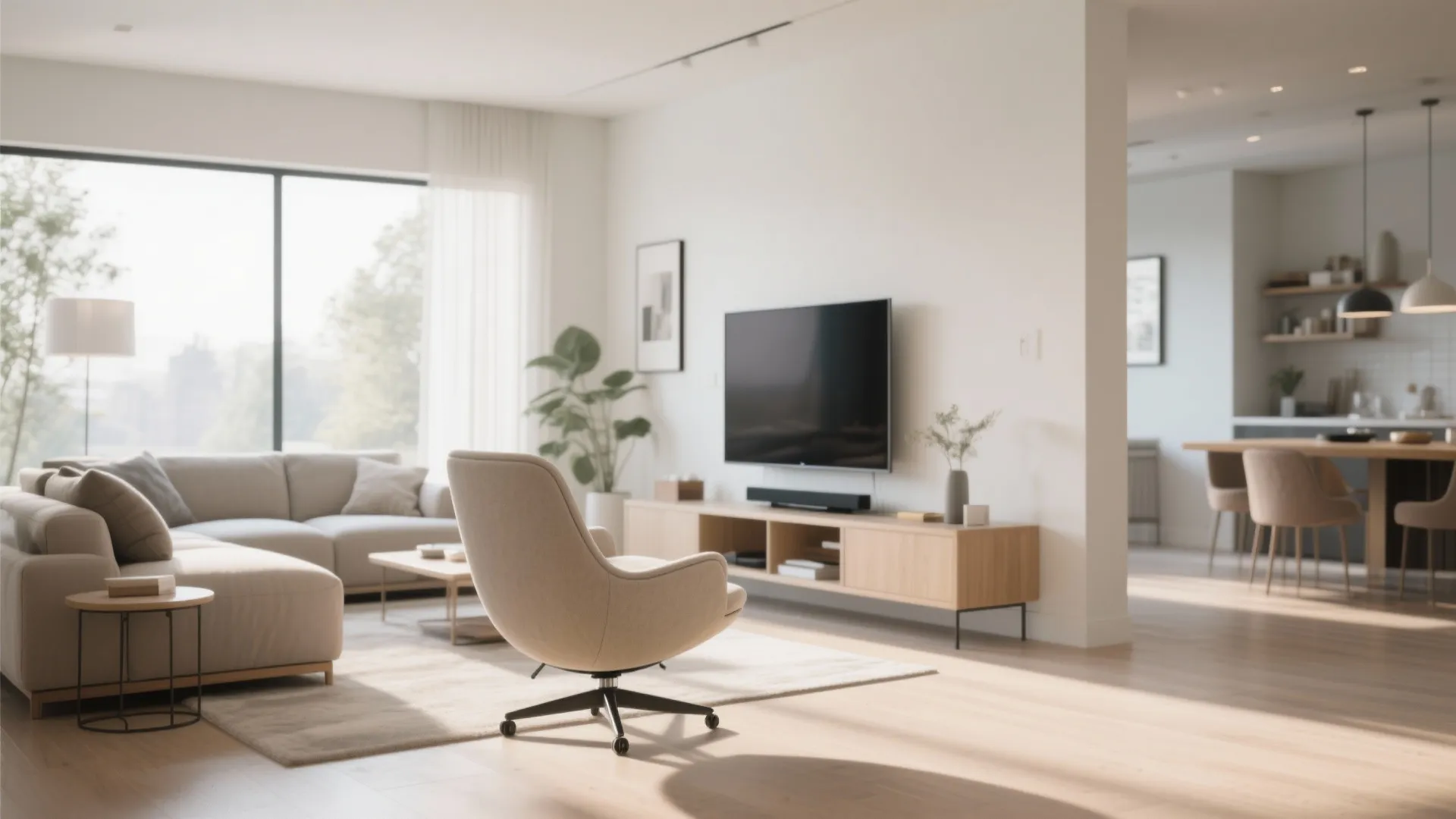 Modern living room showing a beige swivel chair television on cabinet and open kitchen area