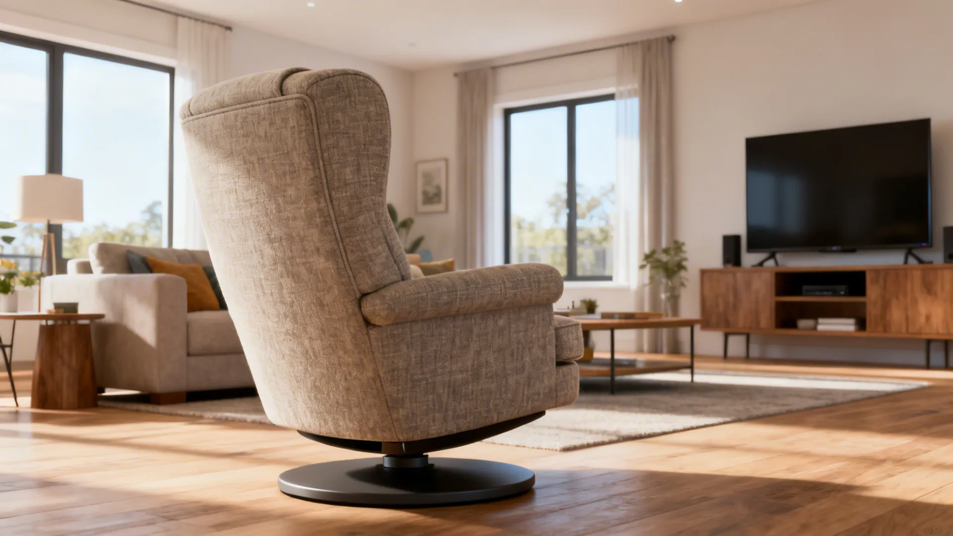 Swivel accent chair in an open-plan living area demonstrating orientation flexibility