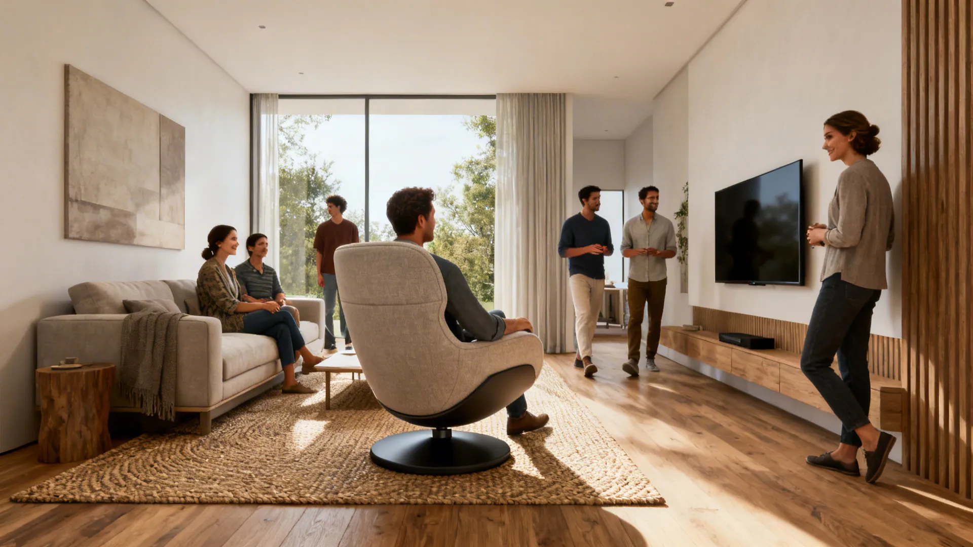 Compact swivel accent chair turned between a sofa and TV in a small living room, showing social flow.