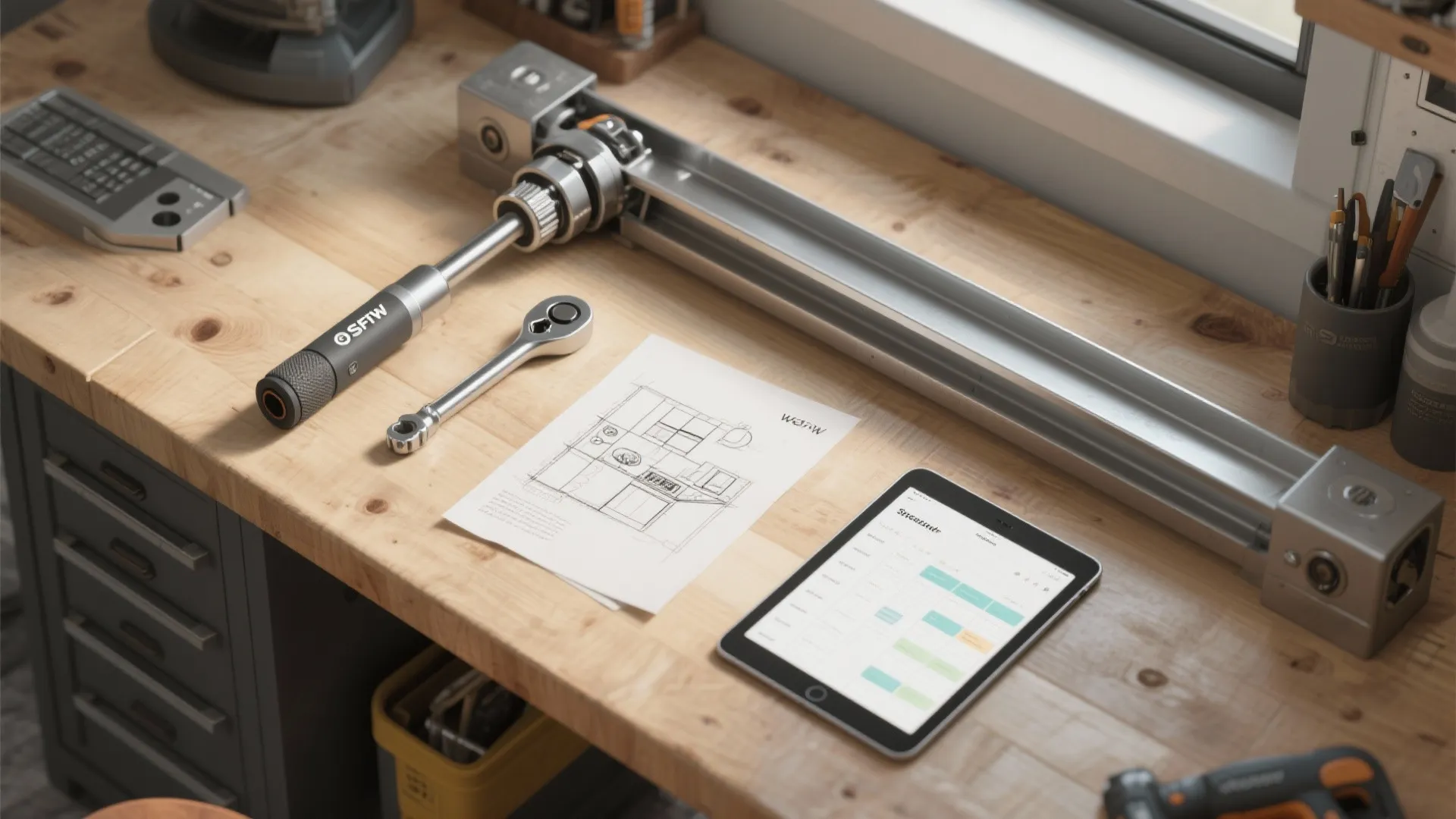 Wooden workbench with tablet showing room schedule beside paper sketches and metal home renovation hardware tools