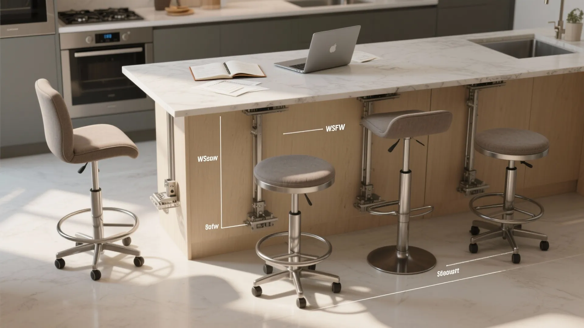 Modern kitchen island with swivel adjustable stools showing detailed height and width measurements in interior design