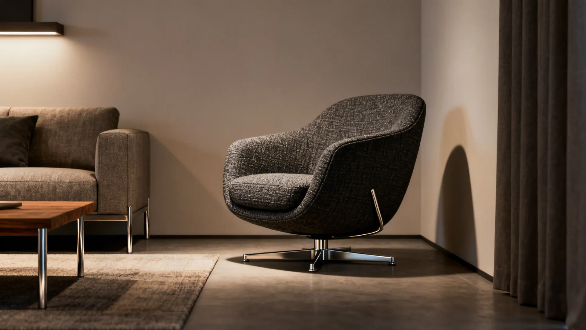 Grey fabric chair next to modern sofa and wooden table on rug under warm wall light