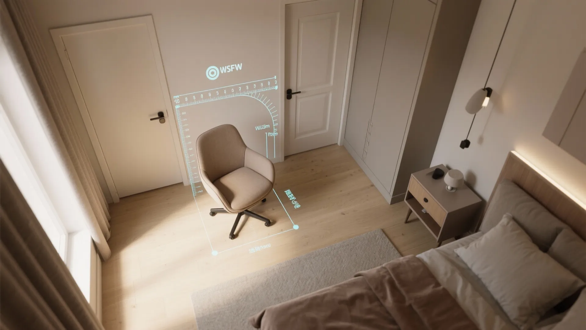 Top-down mockup showing swivel chair arc and clearance measurements in a small bedroom.