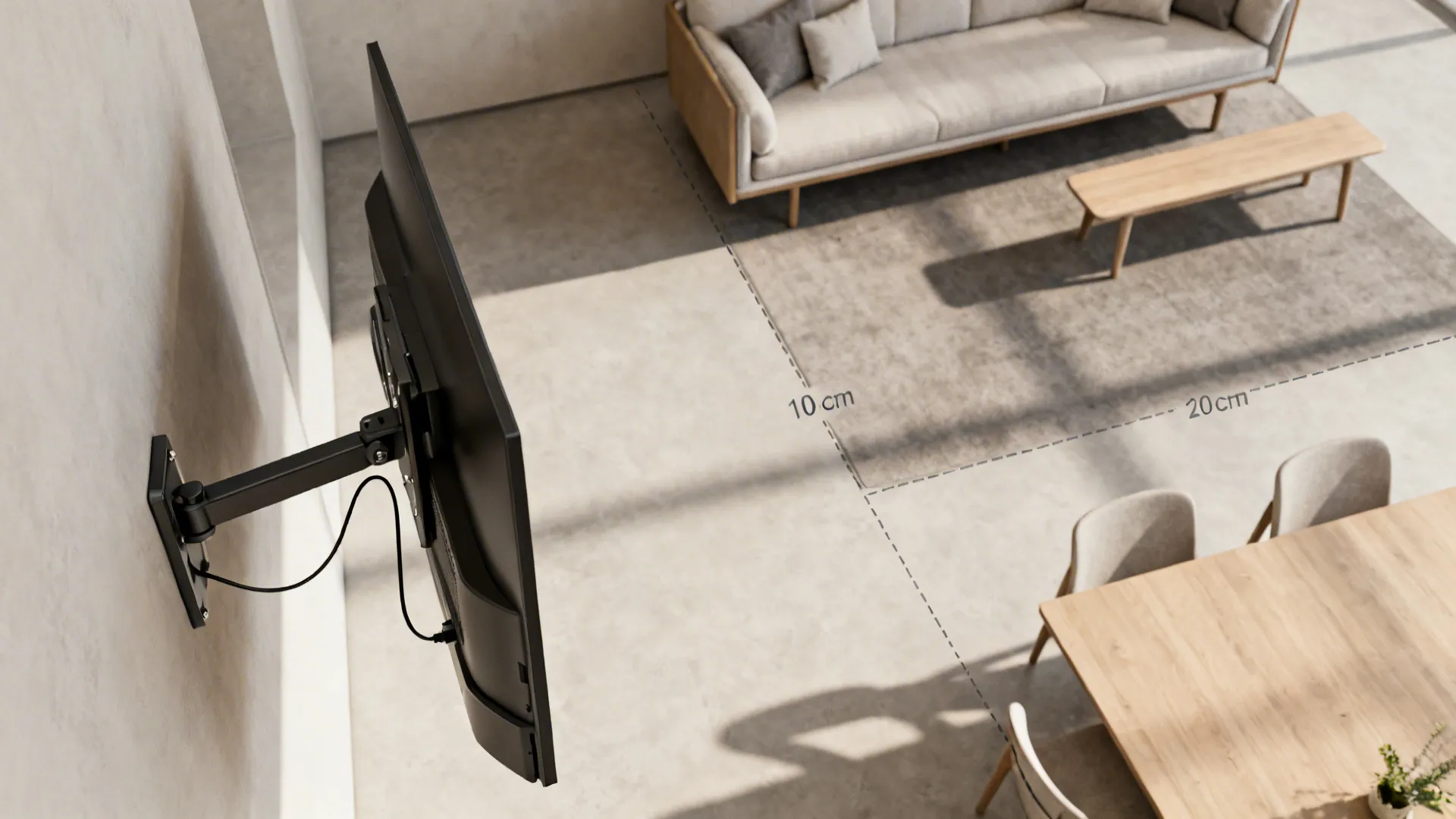 Top-down view showing a swivel TV arm’s swing arc and cable grommet placement in a corner.