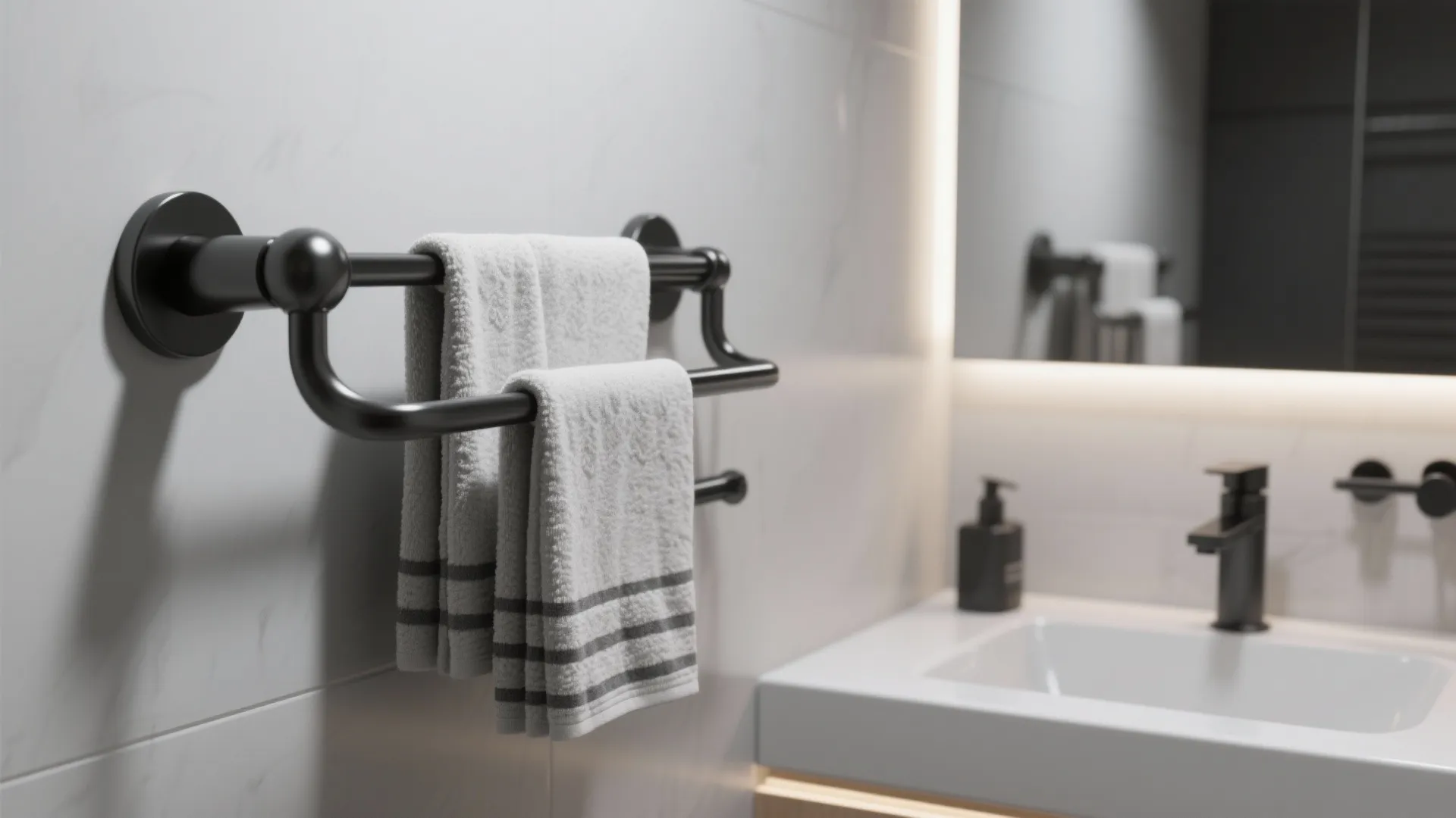 Black metal towel rack with white towels hanging on wall next to bathroom sink mirror