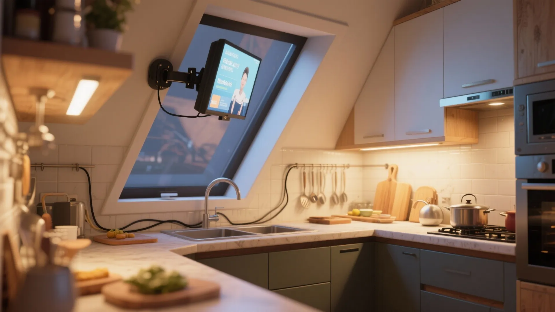 Kitchen with a television mounted on a wall bracket next to a large roof window