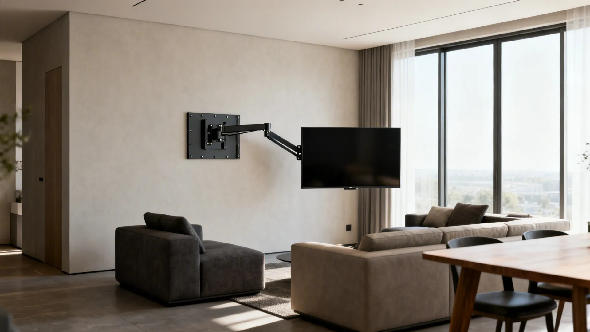 Wall-mounted TV on a swivel arm angled toward different seating zones
