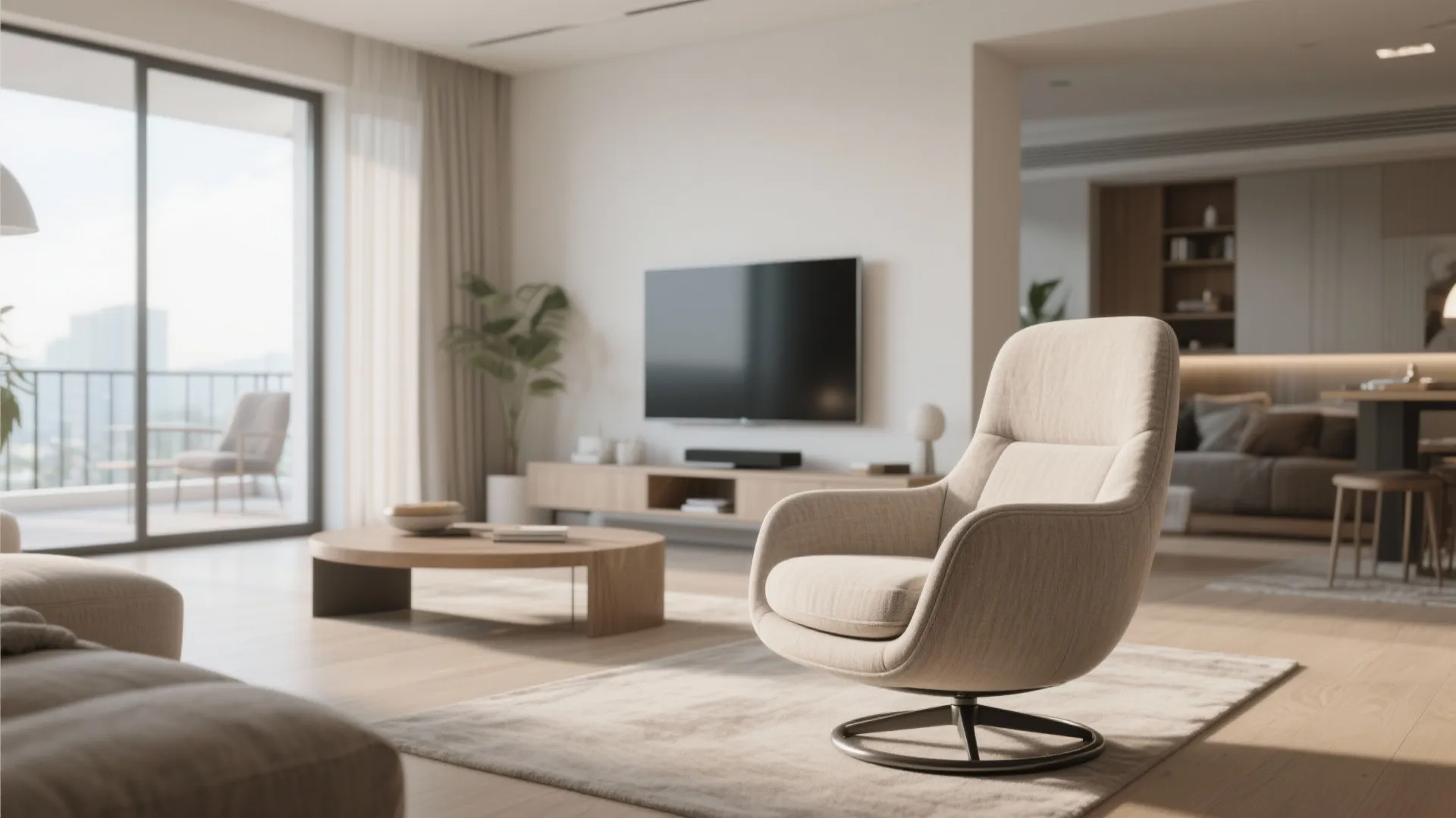 Modern swivel armchair in an open-plan living space