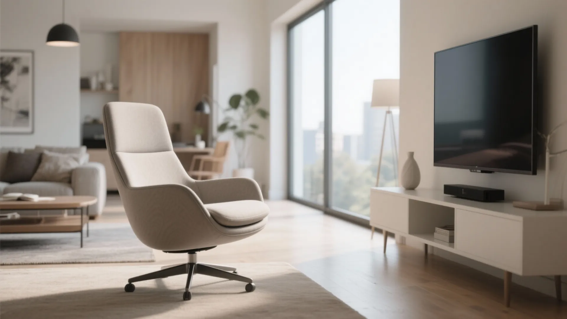 Modern swivel armchair in an open living area