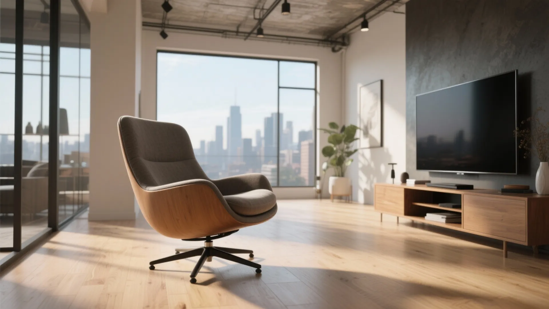 Swivel armchair in a bright modern open-plan loft