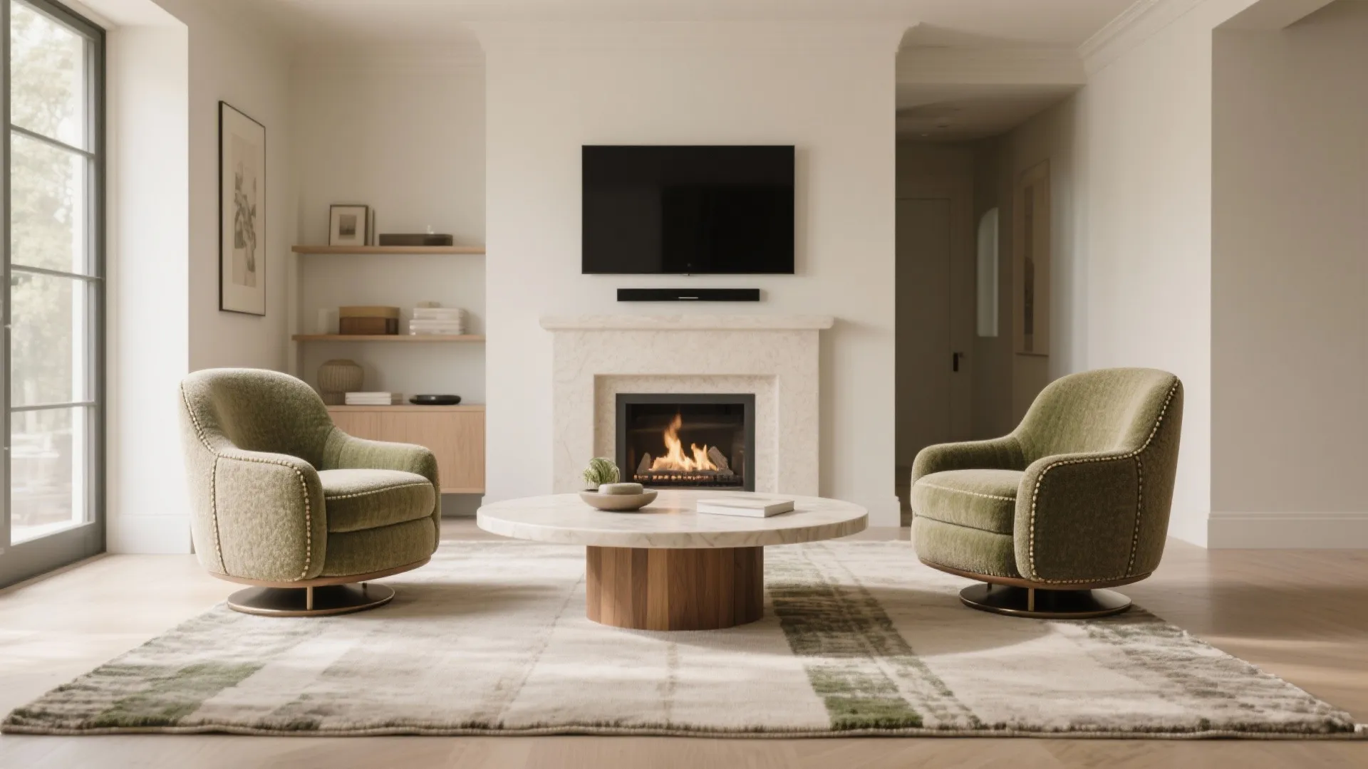 Modern living room with green swivel chairs, round coffee table, fireplace, and television on wall