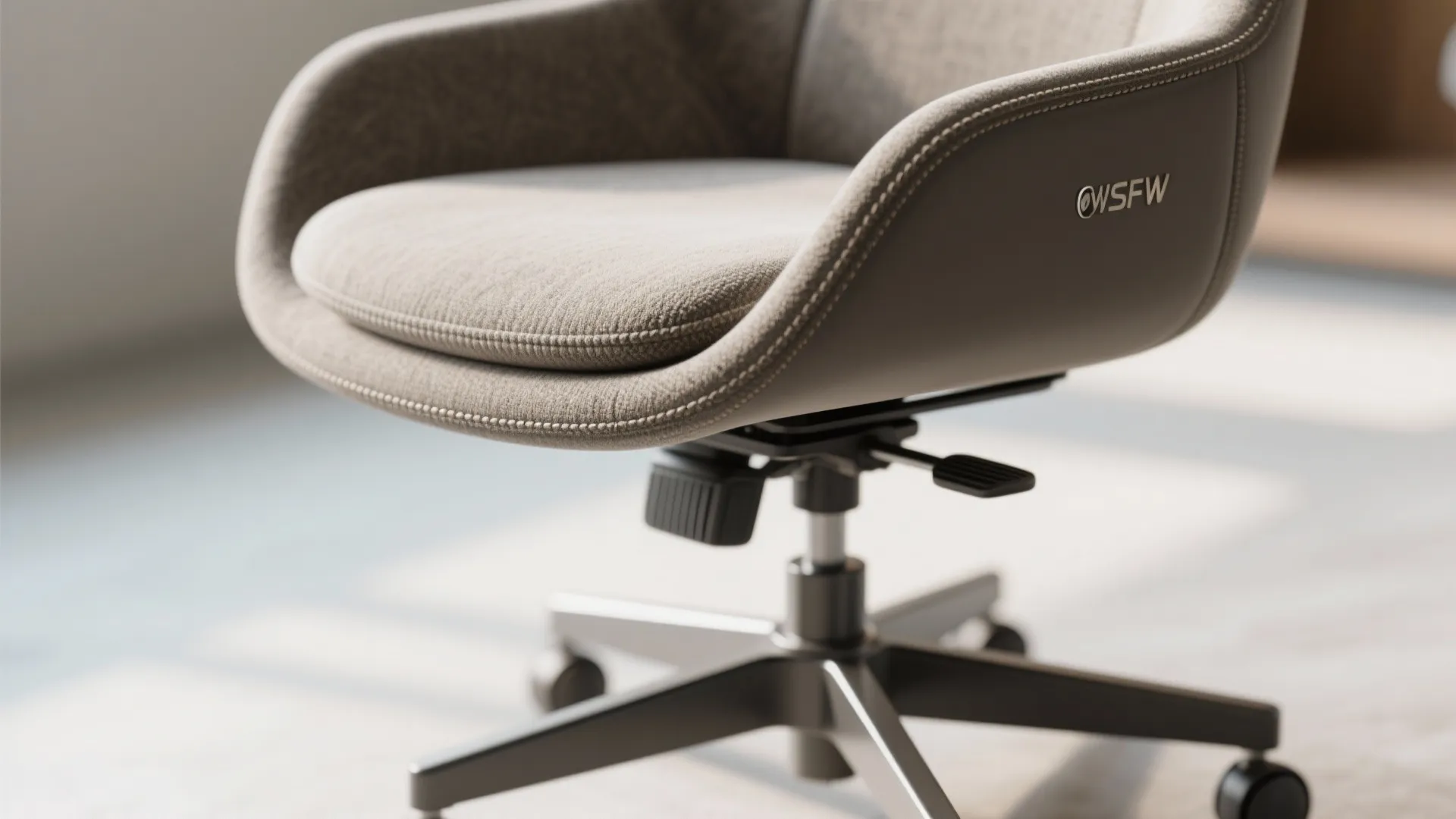 Macro detail of a compact swivel chair base and textured performance fabric in soft daylight.
