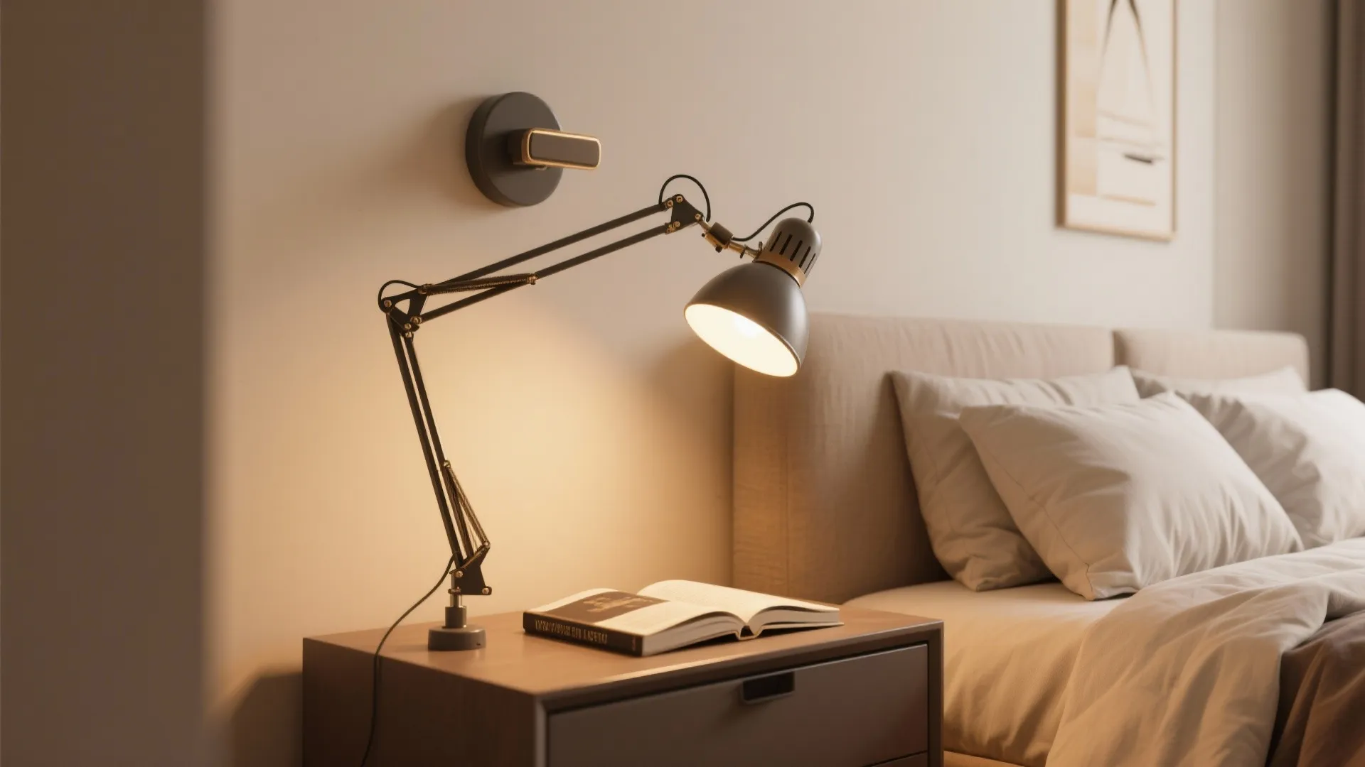 Bedside area with an adjustable swivel wall light directed at a book on the nightstand