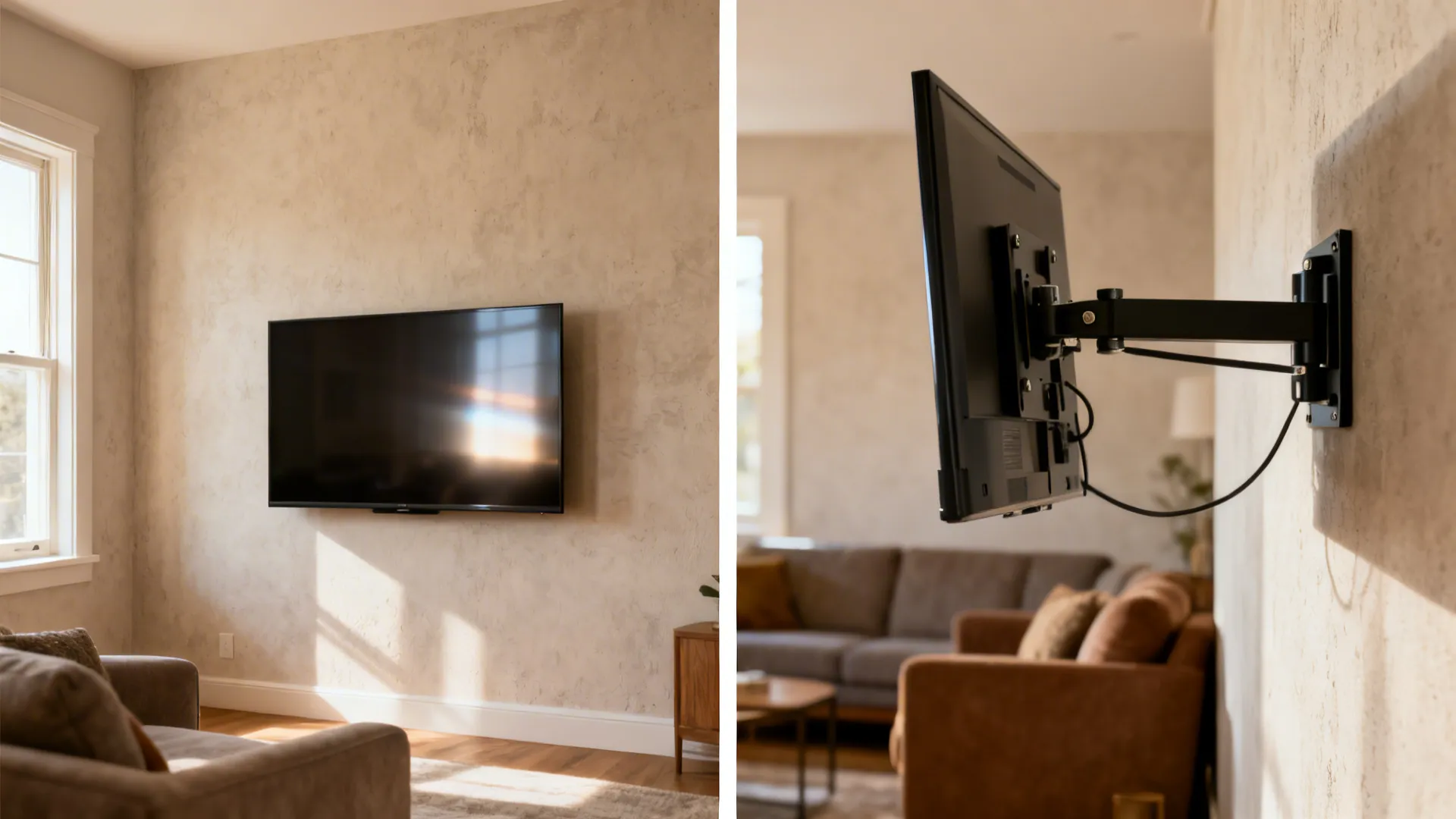 Before-after comparison showing glare with a fixed TV and reduced glare using a swivel arm.