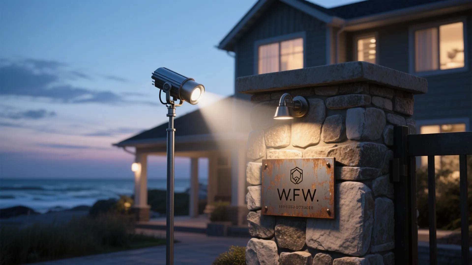 Outdoor spotlight shining light on a stone pillar with name sign in front of house