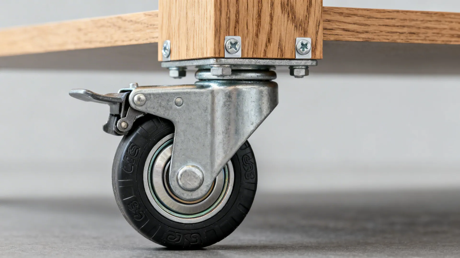 Close-up of a heavy-duty locking swivel caster on a mobile island leg.