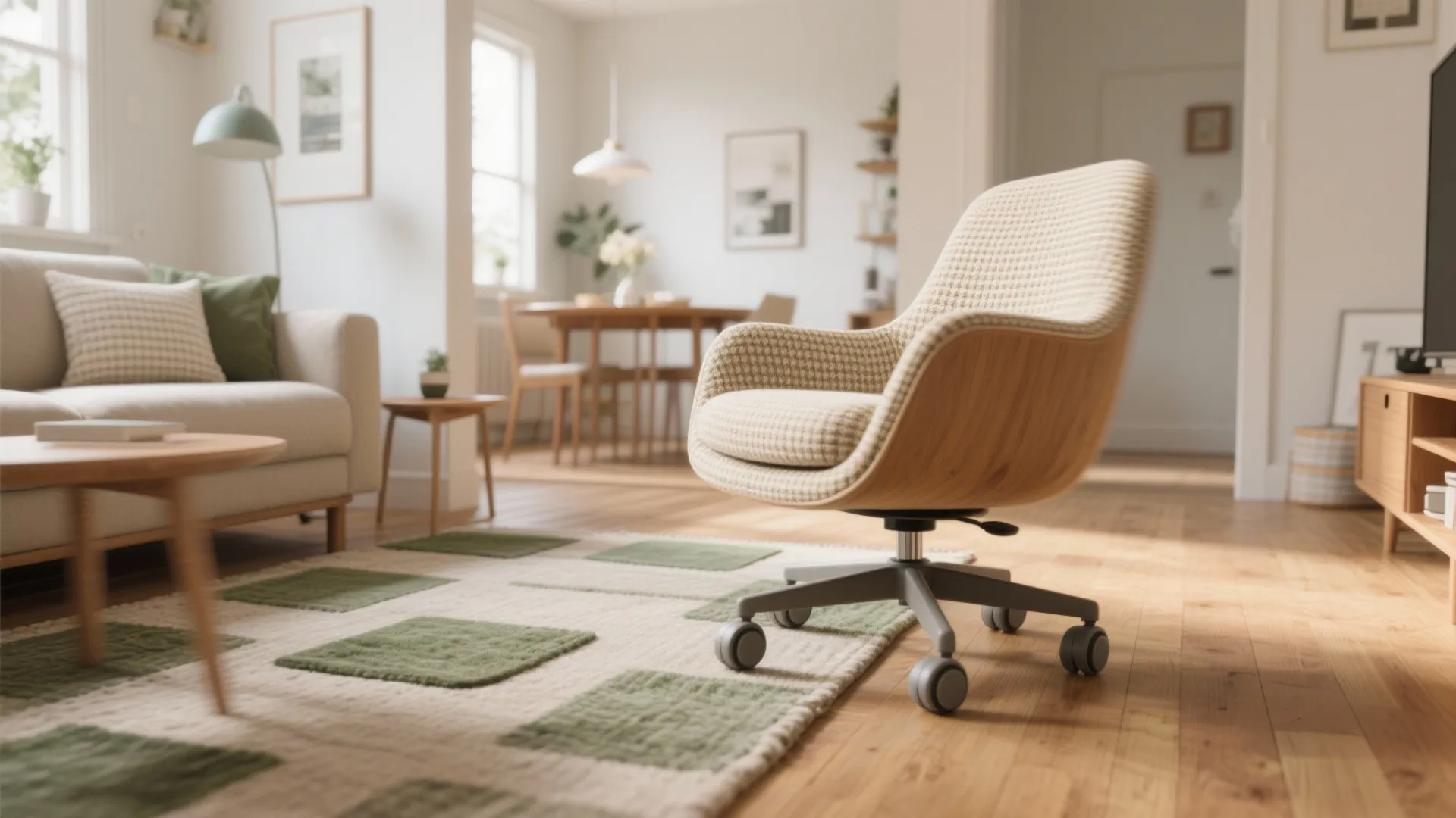 Bright living room with a swivel chair on a green patterned rug and wooden furniture