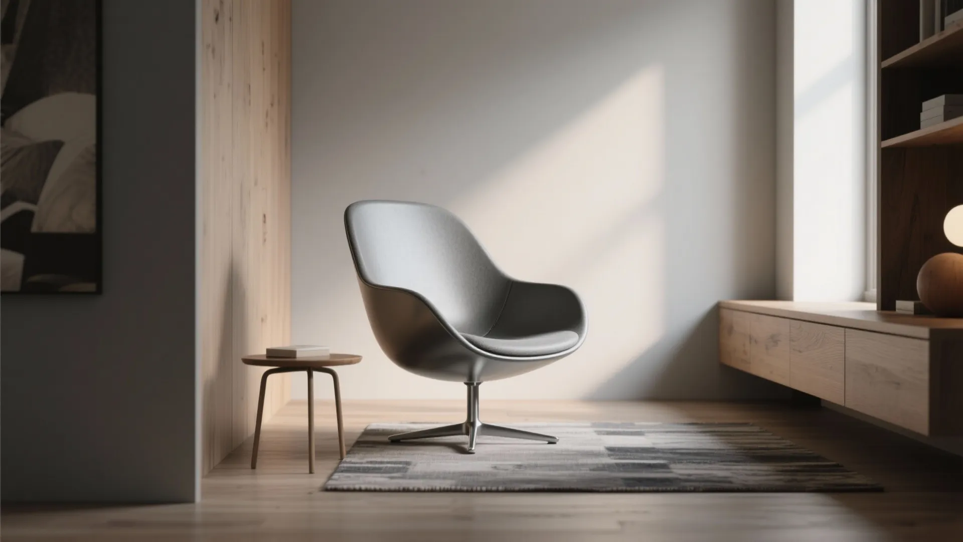 Slim swivel chair with exposed base in a compact room demonstrating circulation and visual lightness.