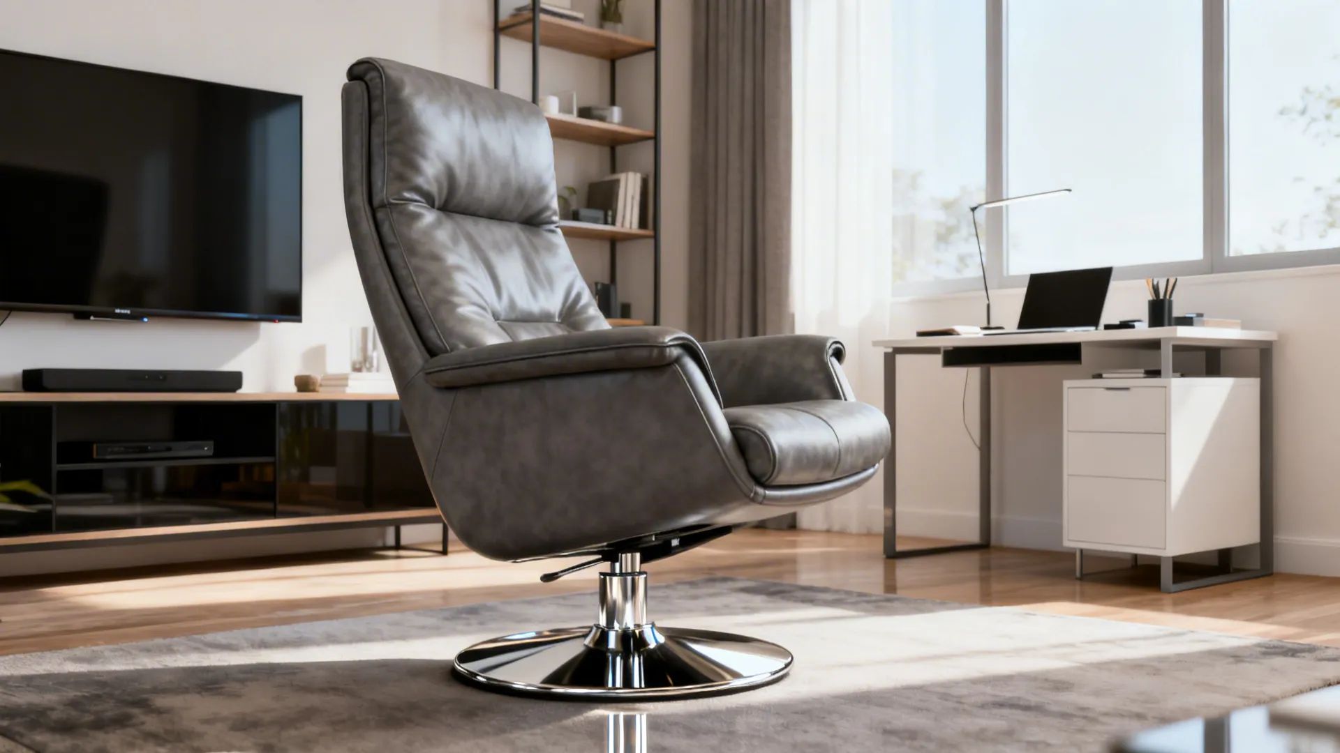 Gray leather swivel chair between a TV and a small workspace, shown mid-pivot.