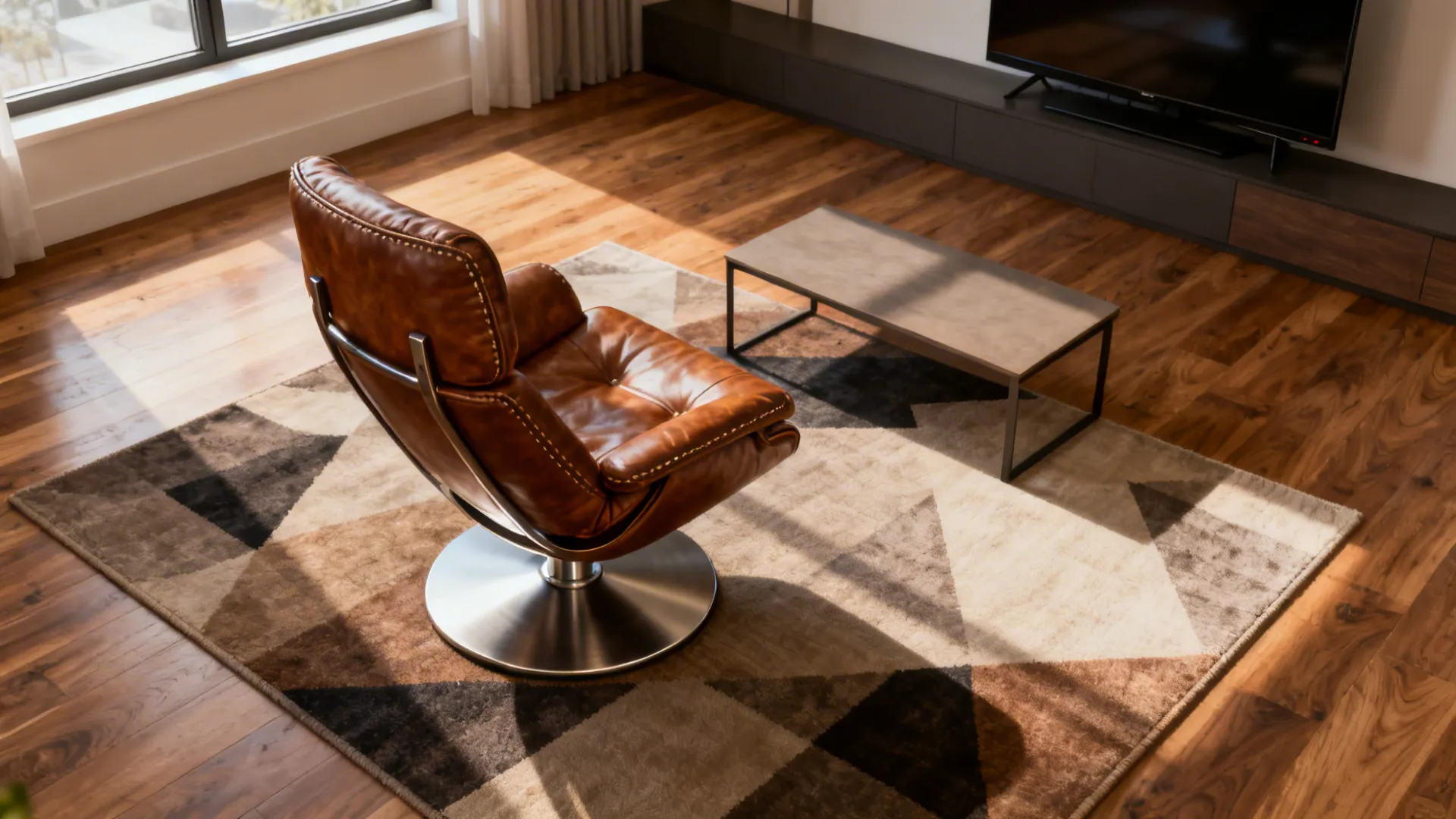 Living room layout with a brown swivel chair on a patterned rug near coffee table