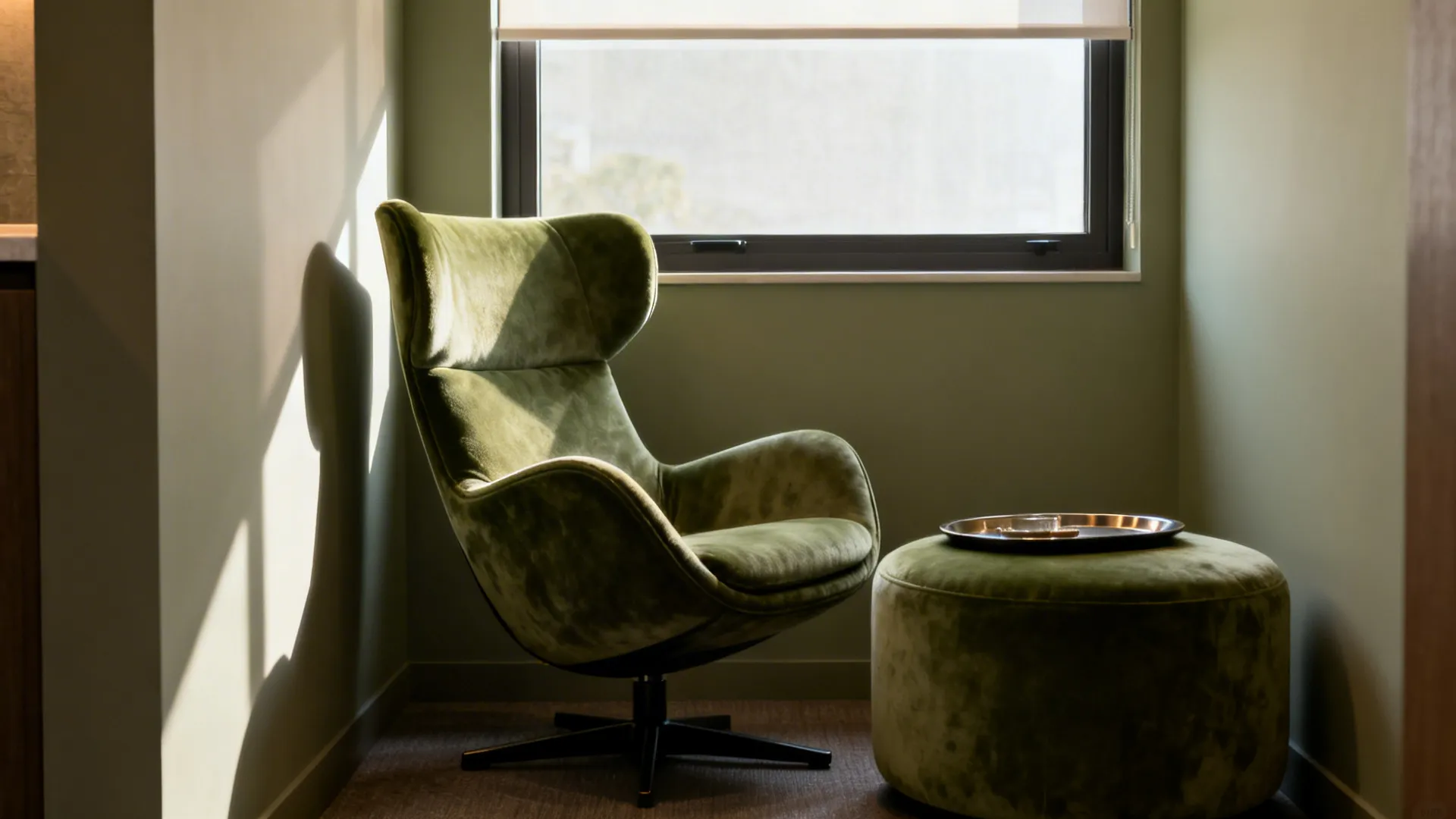 Swivel chair and round ottoman with a tray in a compact living area, soft daylight.