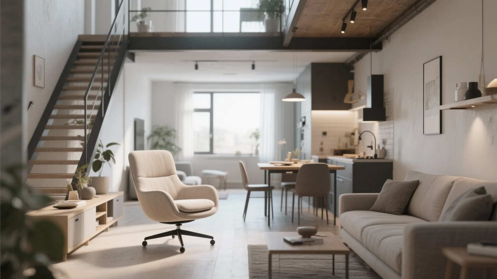 Small open-plan loft with neutral swivel accent chair