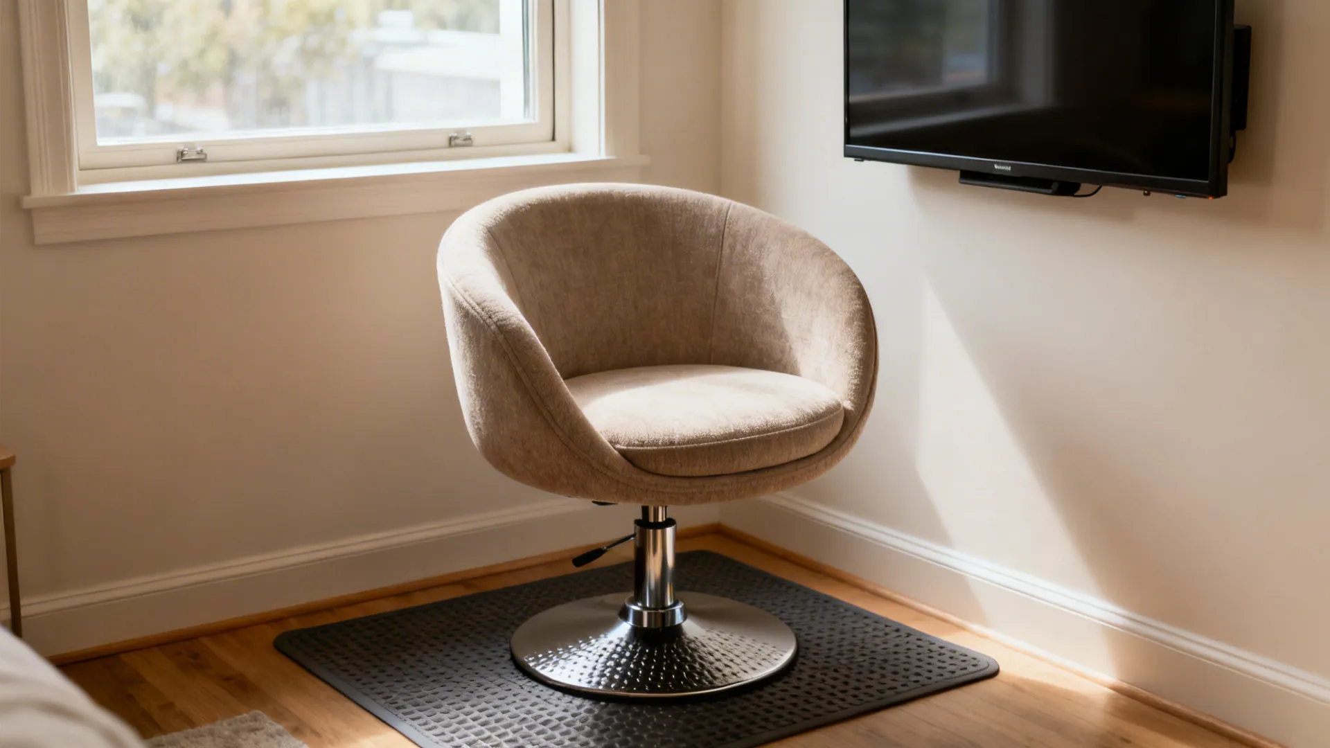 Small-radius round swivel chair in a studio facing window and TV, with floor protection visible.